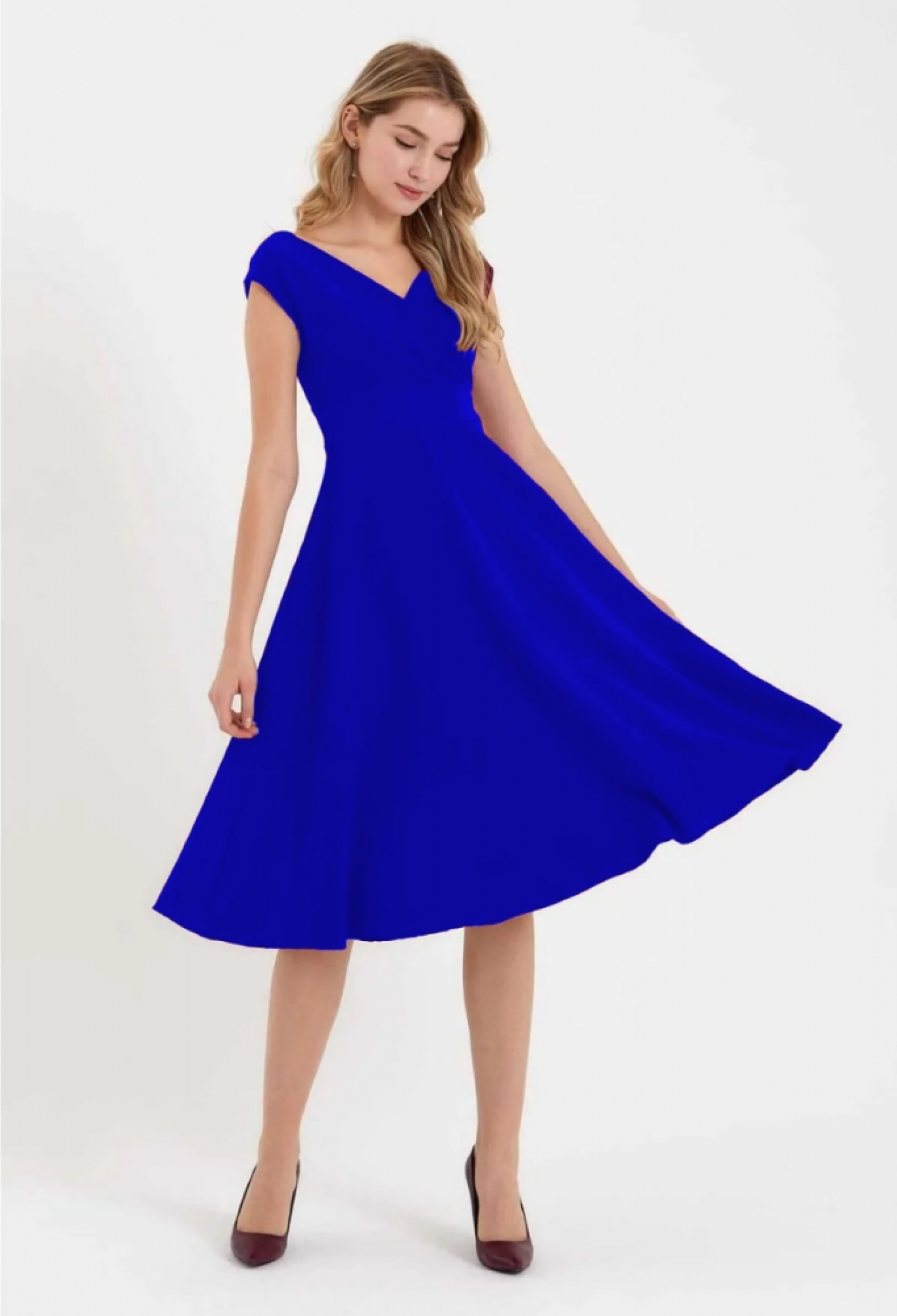 Blue Elegant Midi A-Line Dress With V-Neck Cap Sleeves - Brand: Janes - Women & Kids, Baby Clothes Wholesale - TheBS Women