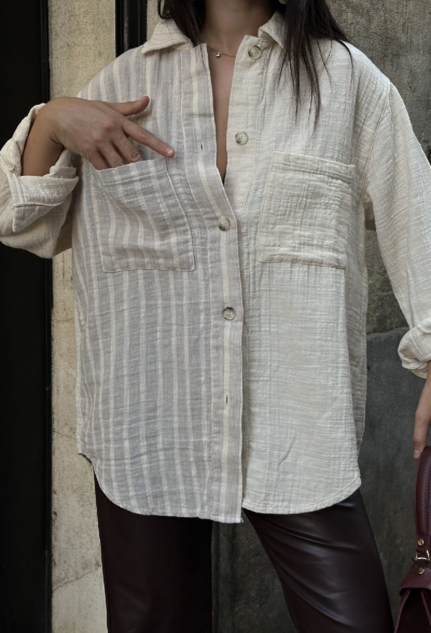 Beige Oversized Fit Casual Shirt With Striped Pattern - Brand: XLove - Women & Kids, Baby Clothes Wholesale - TheBS Women