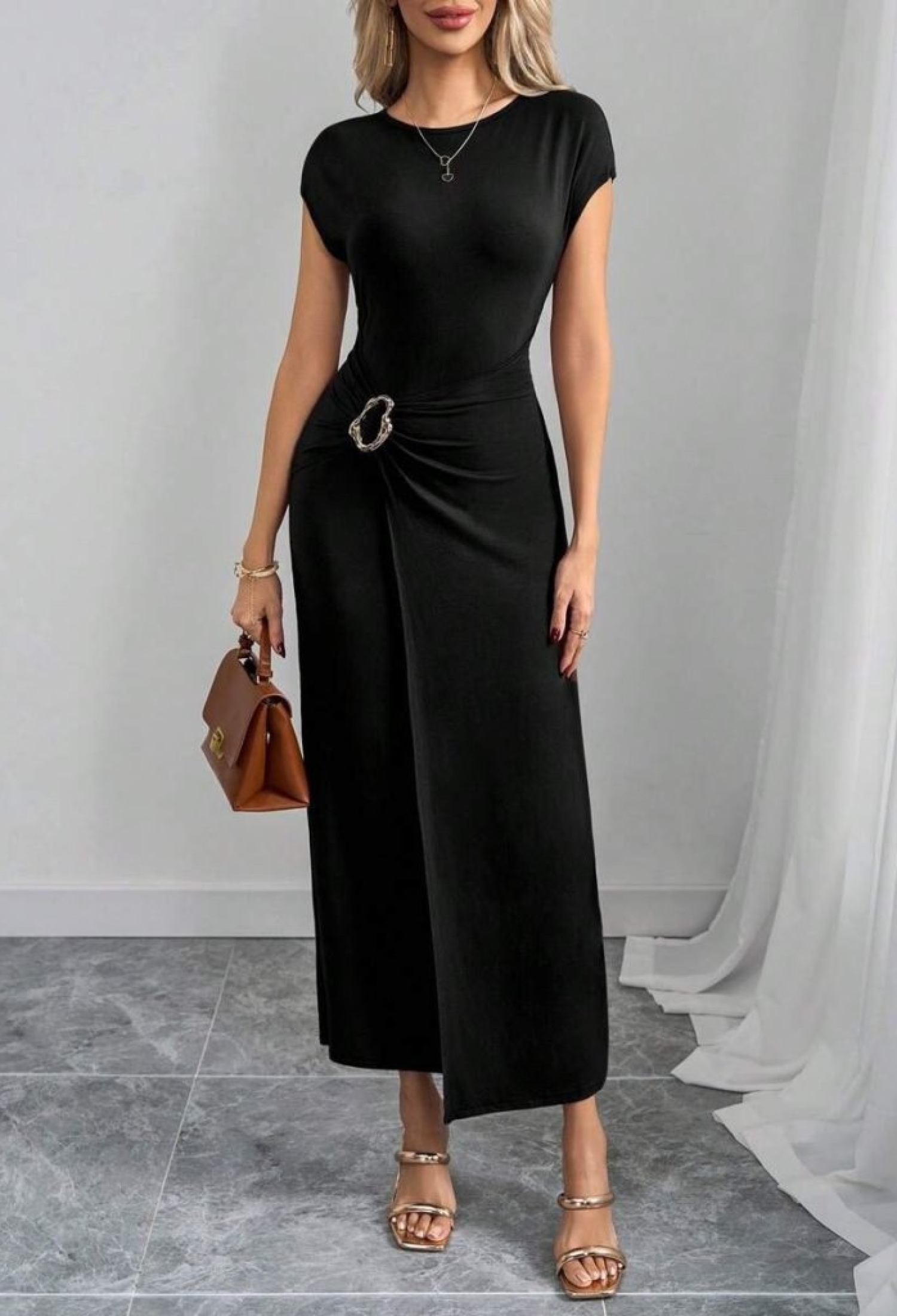 Black Elegant Wrap Dress With Cap Sleeves - Brand: Janes - Women & Kids, Baby Clothes Wholesale - TheBS Women