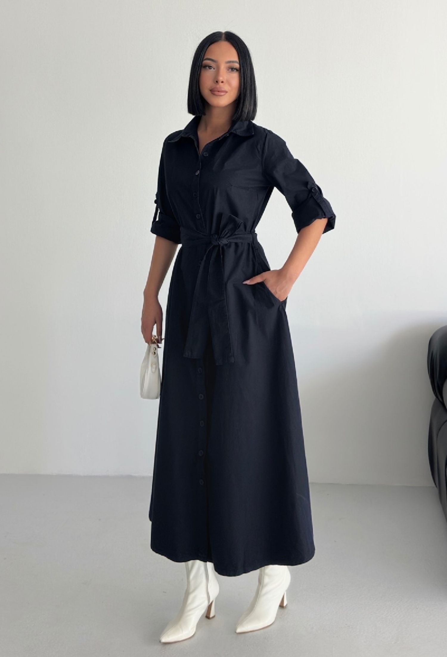 Black Elegant Modest Shirt Dress With Notched Neck - Brand: XLove - Women & Kids, Baby Clothes Wholesale - TheBS Women