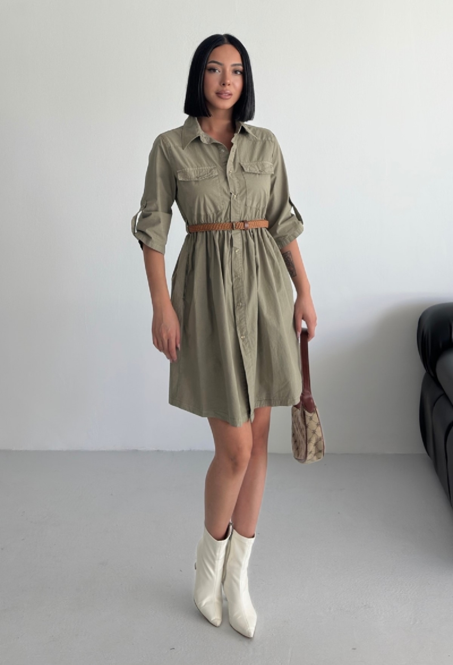 Khaki Elegant Shirt Dress With 3/4 Sleeves - Brand: XLove - Women & Kids, Baby Clothes Wholesale - TheBS Women