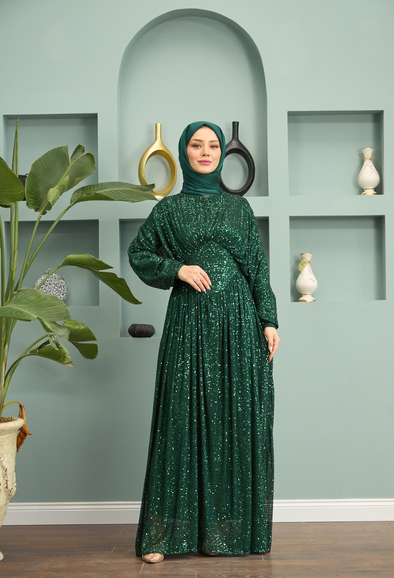 Sequin Sequin Evening Dress -Green - Brand: Hulya Keser - Women & Kids, Baby Clothes Wholesale - TheBS Women