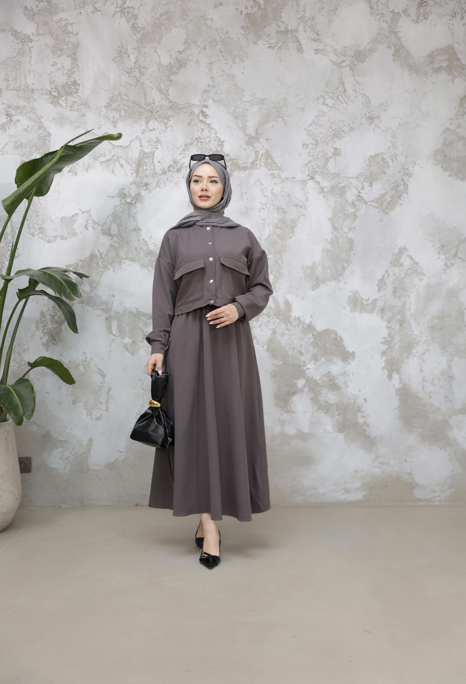 Elastic Waist Double Crepe Skirt Suit - Gray - Brand: Hulya Keser - Women & Kids, Baby Clothes Wholesale - TheBS Women