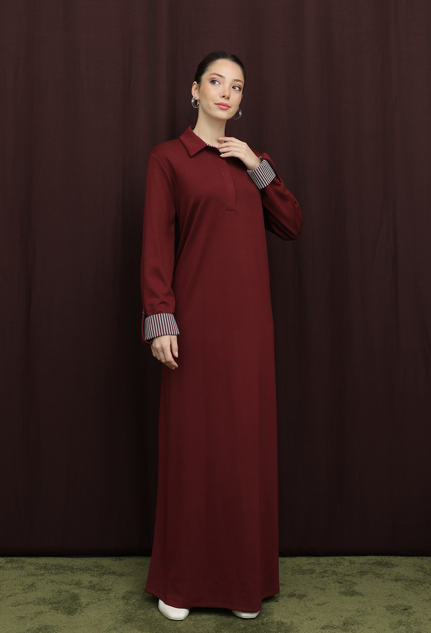Claret Red Modest Shirt Dress With Polo Neck - Brand: Puane - Women & Kids, Baby Clothes Wholesale - TheBS Women