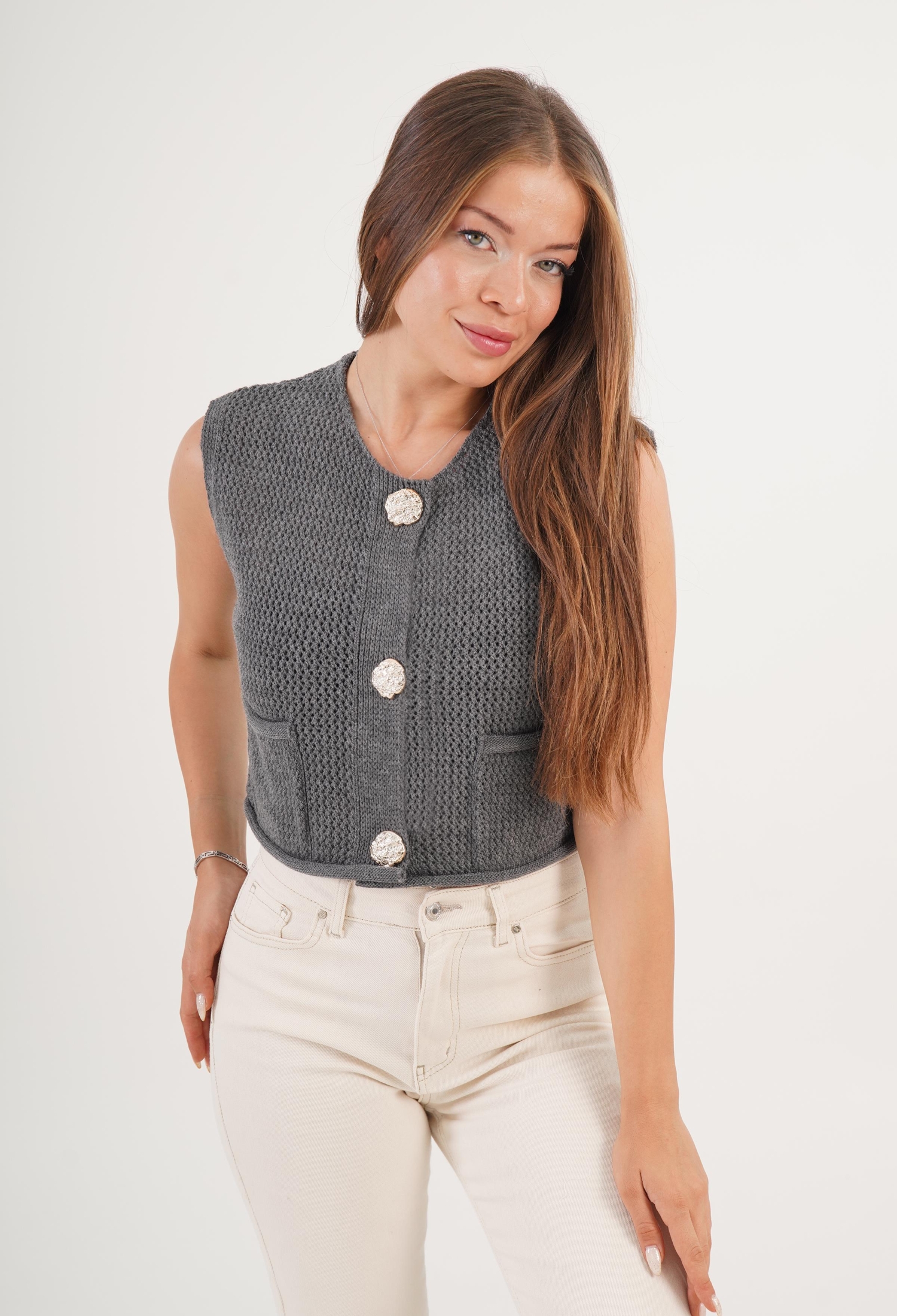 Grey Slim Fit Sleeveless Buttoned Cardigan - Brand: Lustrin - Women & Kids, Baby Clothes Wholesale - TheBS Women