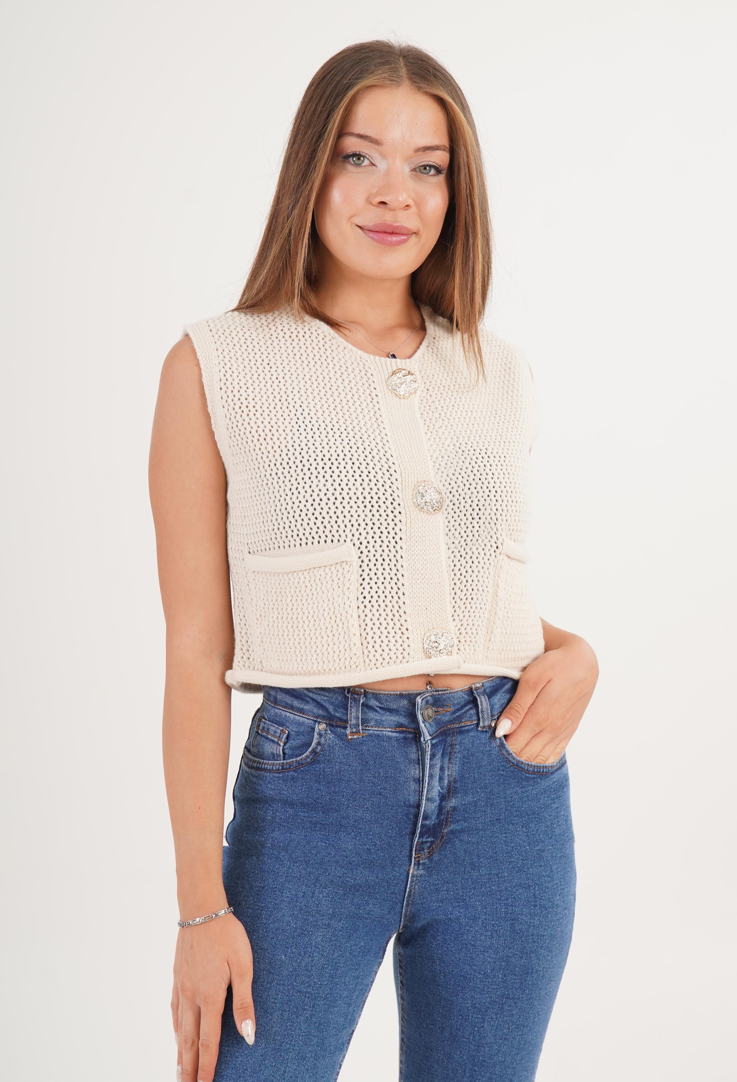 Beige Cardigan With Welt Pocket And Buttoned Closure - Brand: Lustrin - Women & Kids, Baby Clothes Wholesale - TheBS Women