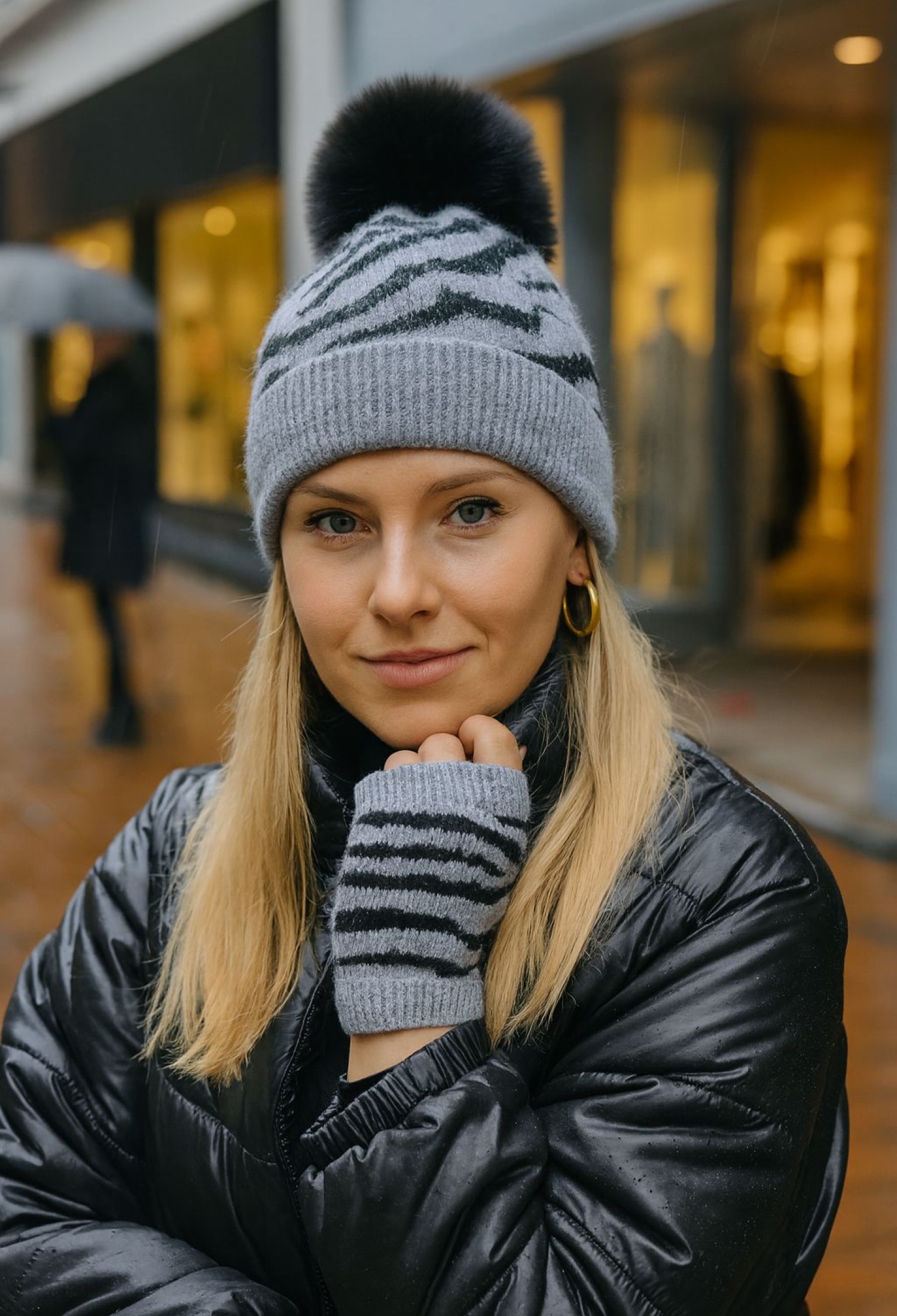 Soft Textured Zebra Pattern Cut Glove Beanie Double Set - Brand: Axesoire - Women & Kids, Baby Clothes Wholesale - TheBS Women