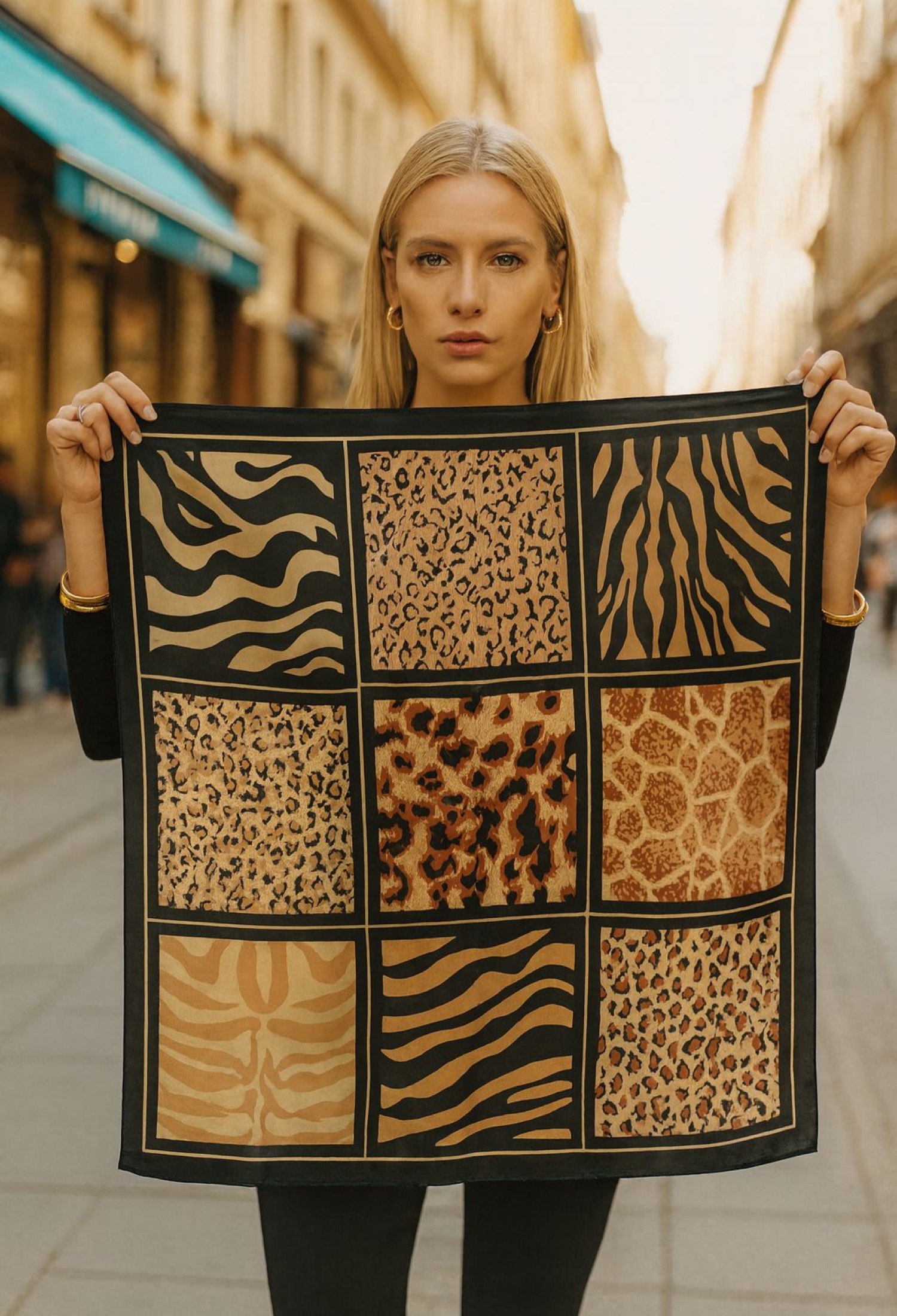 Black Elegant Shawl With Animal Print And Patchwork - Brand: Axesoire - Women & Kids, Baby Clothes Wholesale - TheBS Women