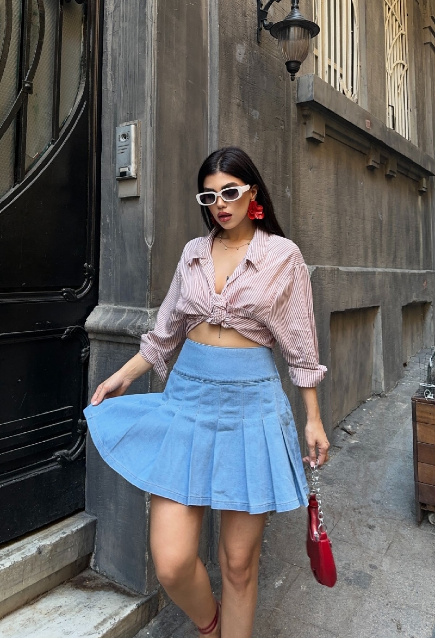 Blue Pleated Mini Skirt Mid Waist Casual Retro Style - Brand: XLove - Women & Kids, Baby Clothes Wholesale - TheBS Women