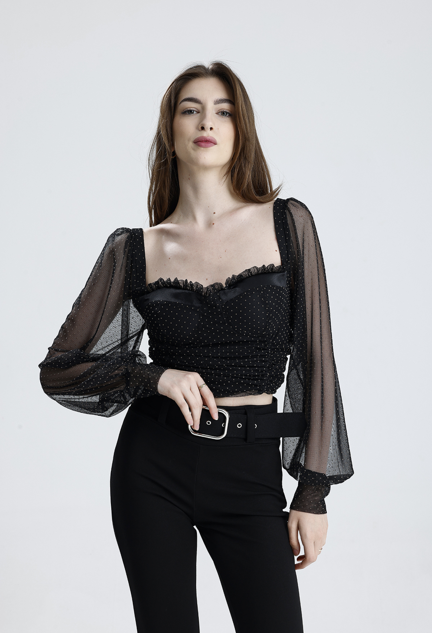 Black Fitted Polka Dot Blouse With Square Neck - Brand: SENSE - Women & Kids, Baby Clothes Wholesale - TheBS Women