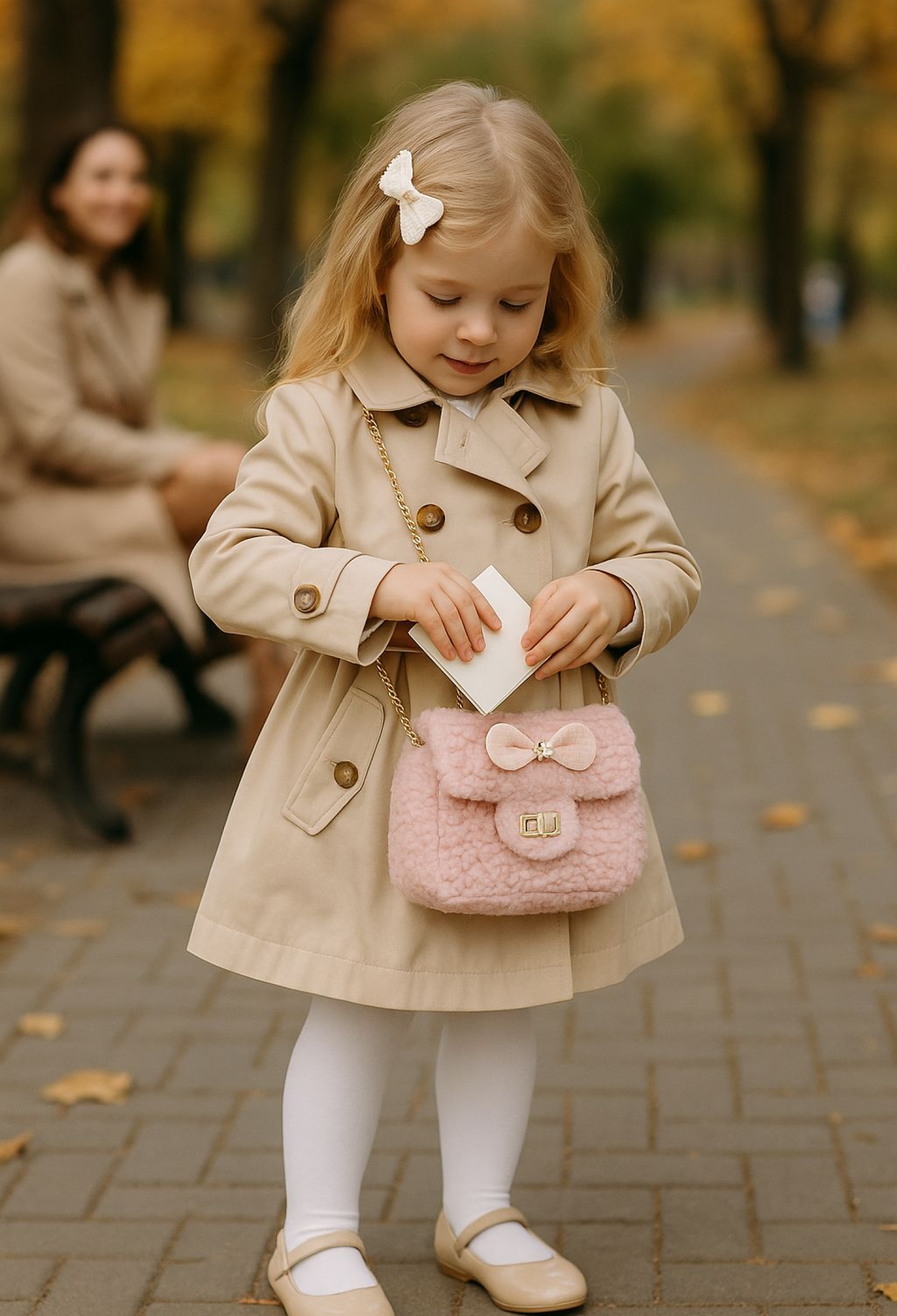 Teddy Fabric Gold Accessory Bow Detailed Hanging Kids Bag - Pink - Brand: Axesoire - Women & Kids, Baby Clothes Wholesale - TheBS Women