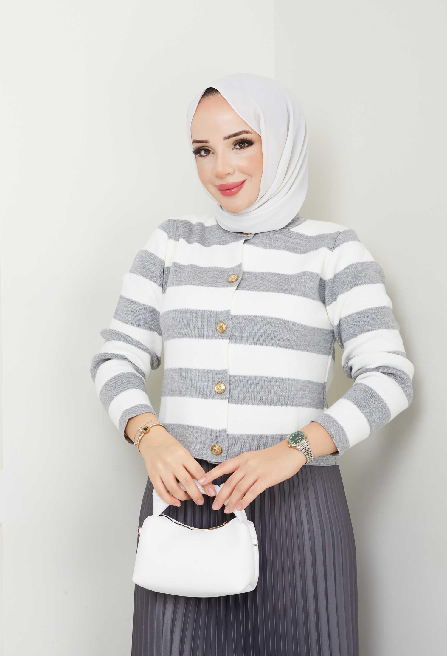 Grey Striped Buttoned Crew Neck Cardigan - Brand: Hulya Keser - Women & Kids, Baby Clothes Wholesale - TheBS Women