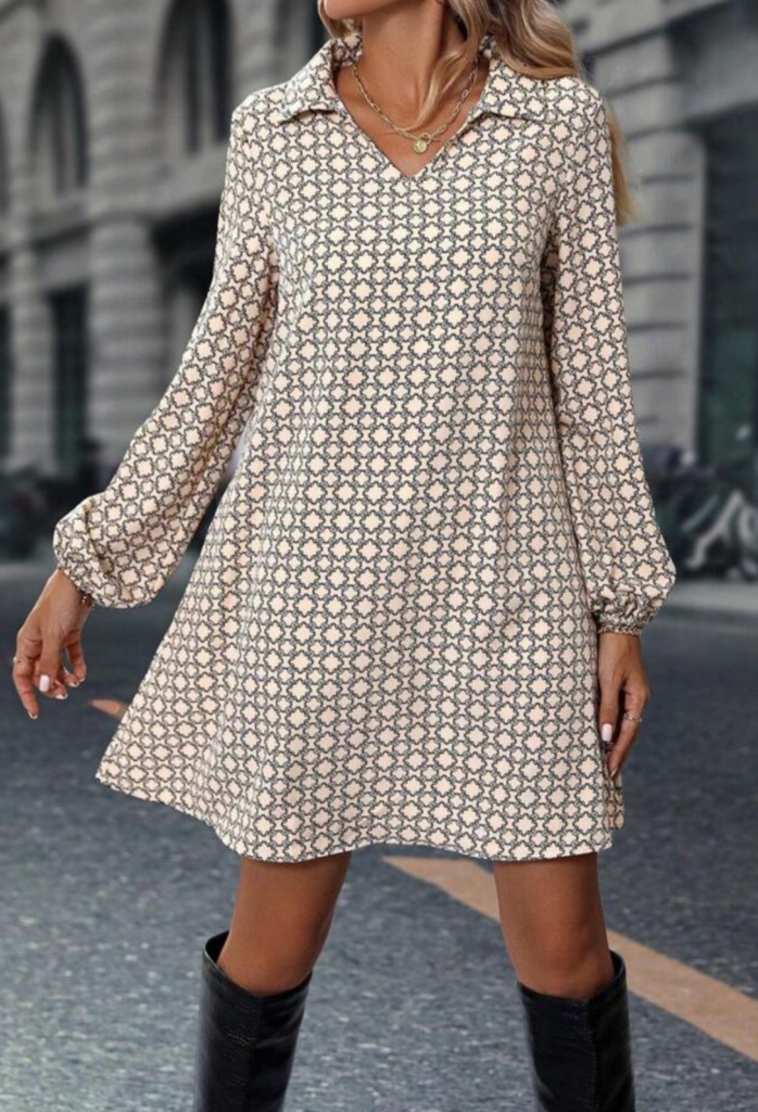 Beige Elegant Shift Dress With Geometric Pattern - Brand: Janes - Women & Kids, Baby Clothes Wholesale - TheBS Women