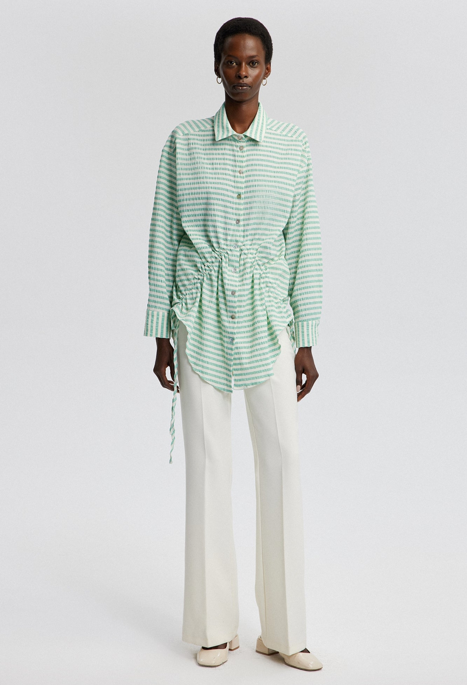 Green Polo Neck Striped Shirt Oversized Fit - Brand: Touche Prive - Women & Kids, Baby Clothes Wholesale - TheBS Women