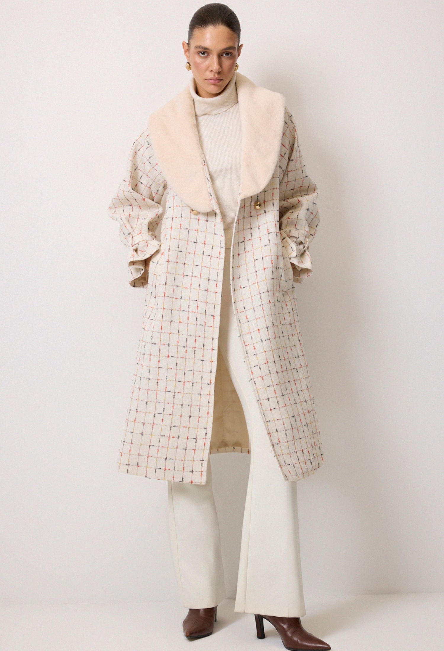 Beige Elegant Single-Breasted Checkered Coat - Brand: Touche Prive - Women & Kids, Baby Clothes Wholesale - TheBS Women