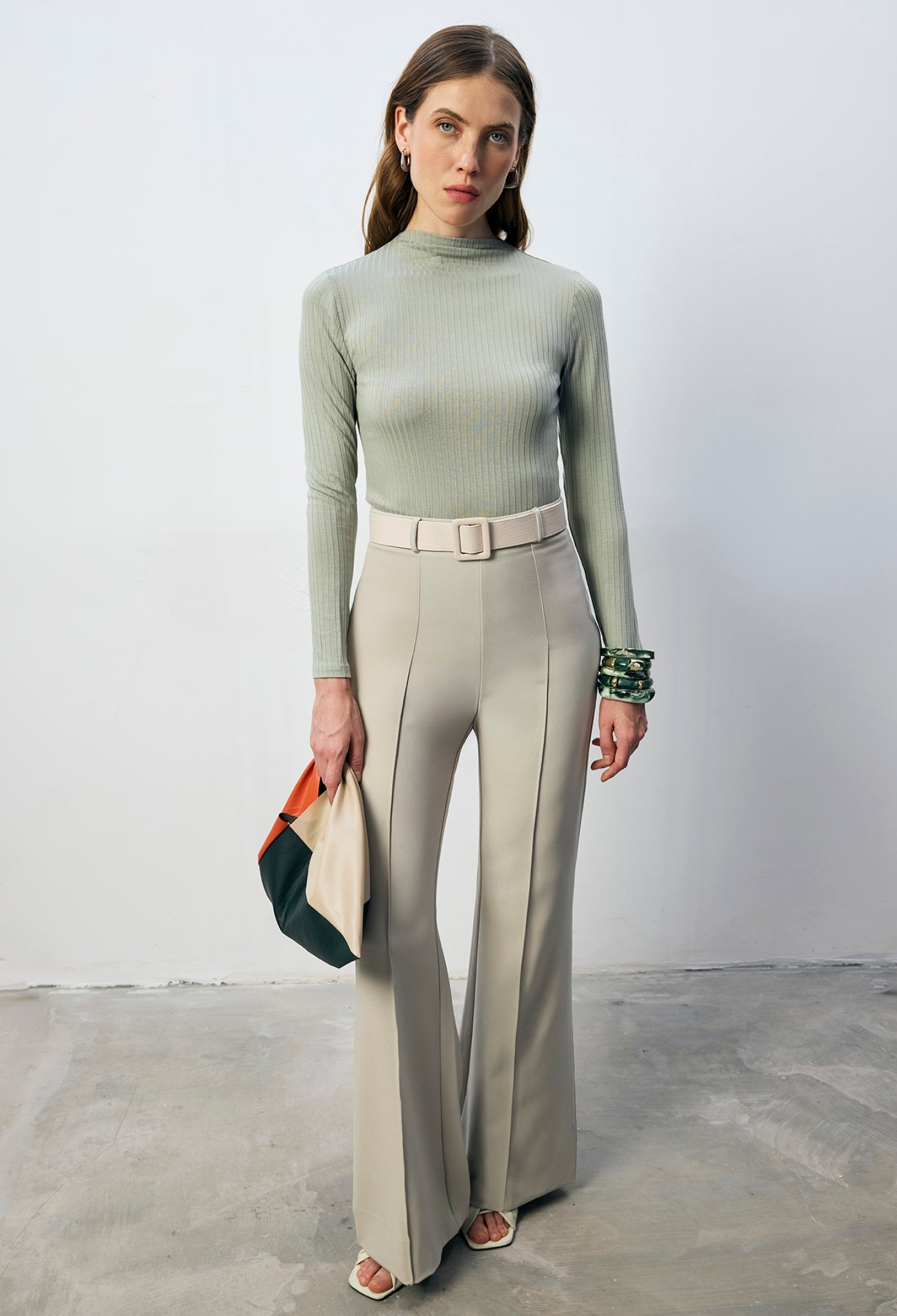 Green Striped Slim Fit Blouse With High Neck - Brand: Touche Prive - Women & Kids, Baby Clothes Wholesale - TheBS Women