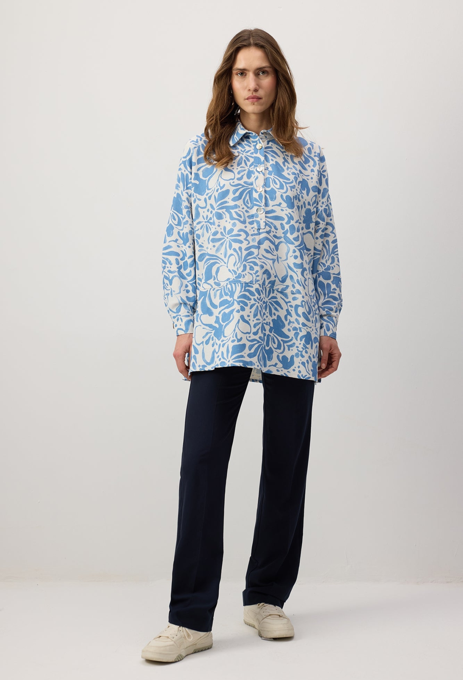 Blue Floral Oversized Fit Buttoned Polo Neck Tunic - Brand: Touche Prive - Women & Kids, Baby Clothes Wholesale - TheBS Women