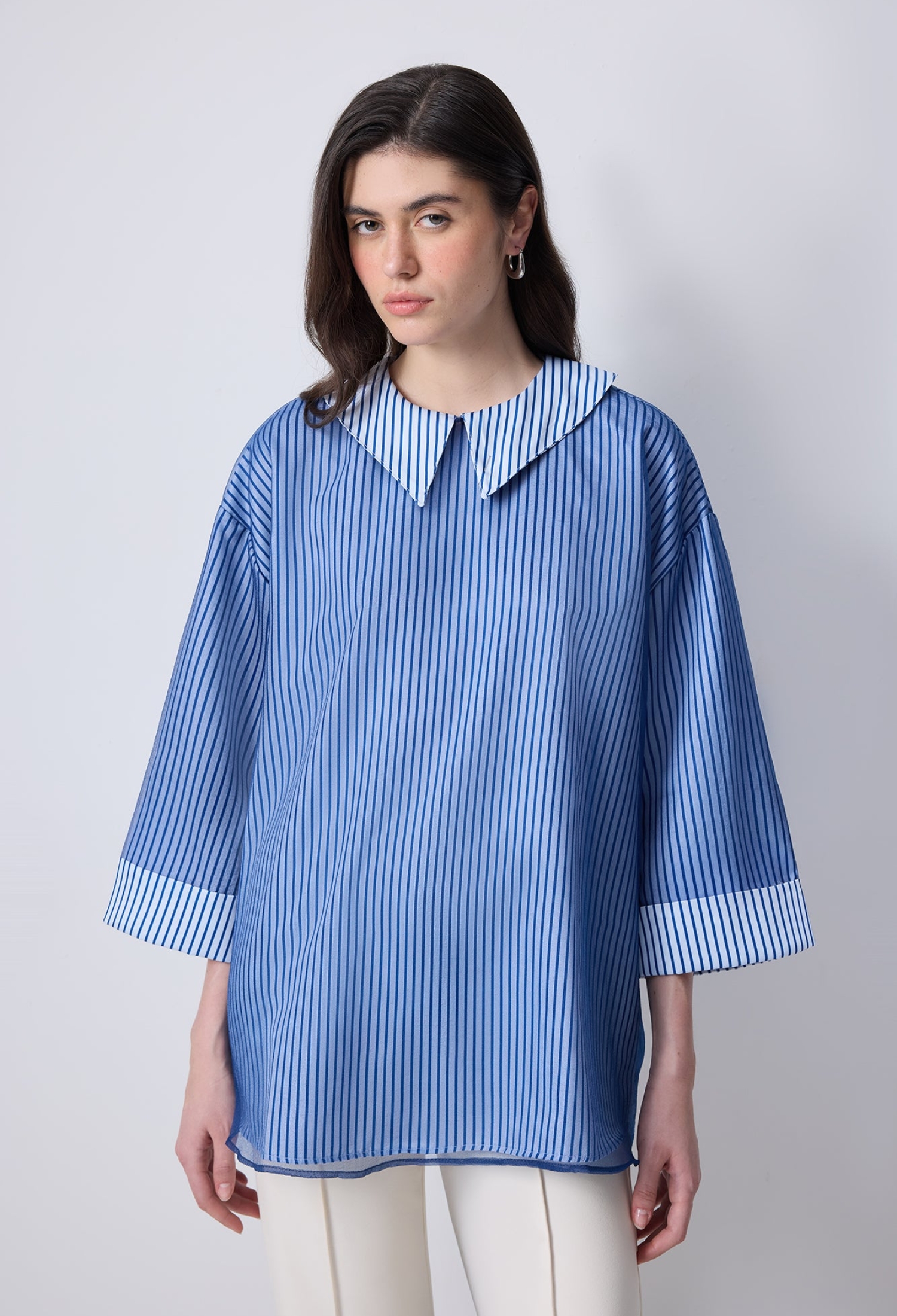 Blue Striped Oversized Fit Tunic With Round Neck - Brand: Touche Prive - Women & Kids, Baby Clothes Wholesale - TheBS Women