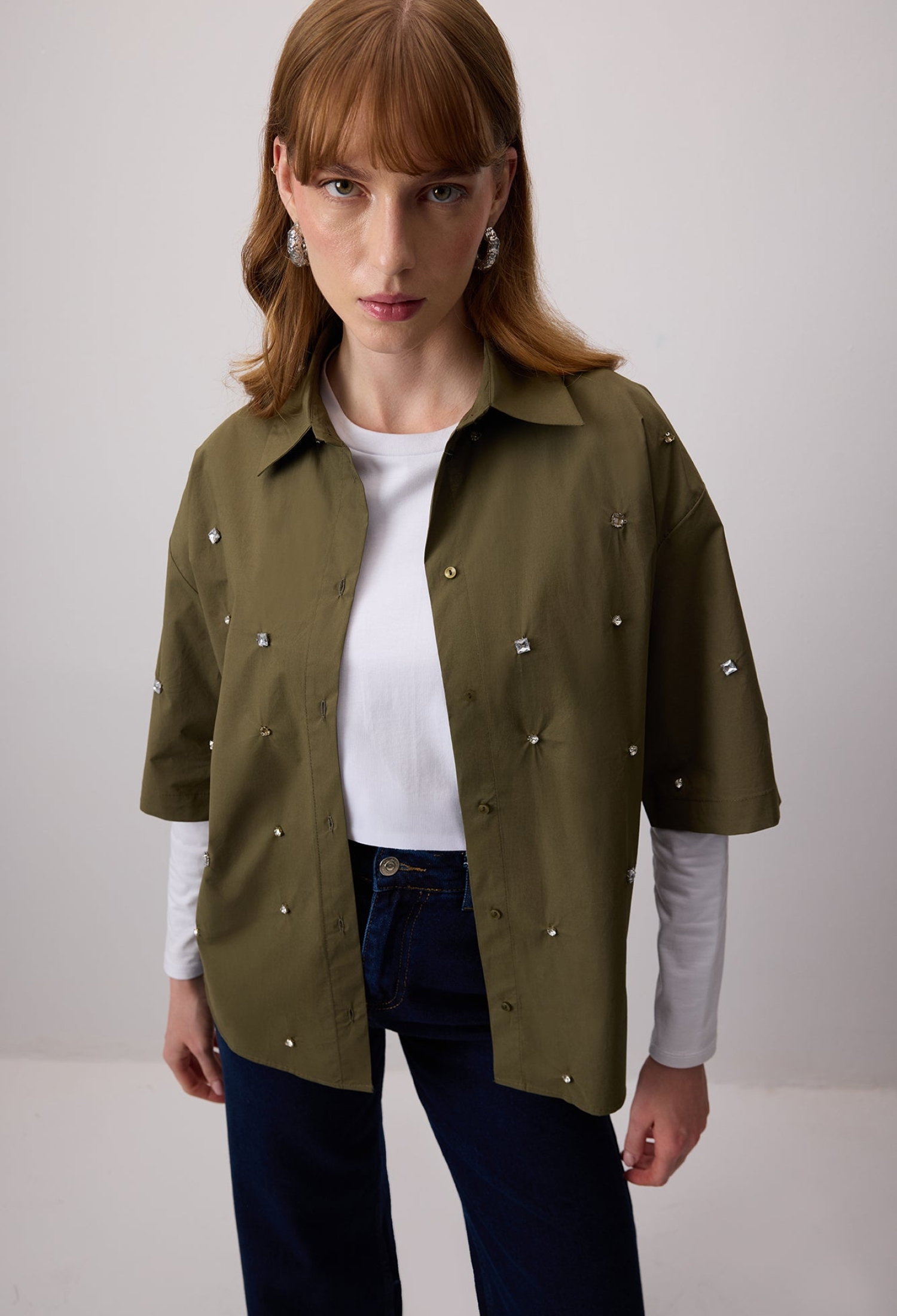 Khaki Casual Oversized Shirt With Notched Neck - Brand: Touche Prive - Women & Kids, Baby Clothes Wholesale - TheBS Women