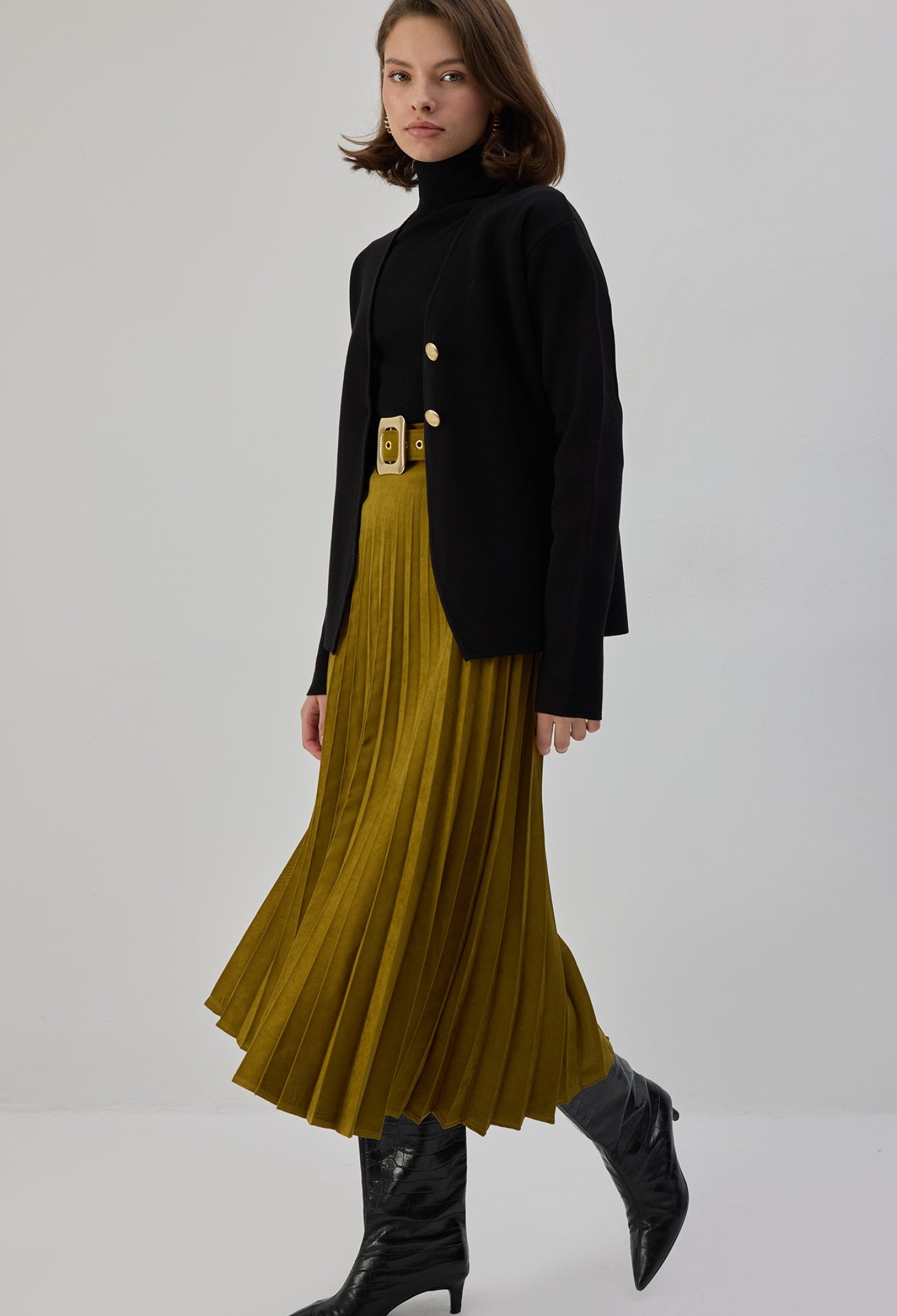 Khaki Elegant Pleated Midi Skirt High Waist - Brand: Touche Prive - Women & Kids, Baby Clothes Wholesale - TheBS Women