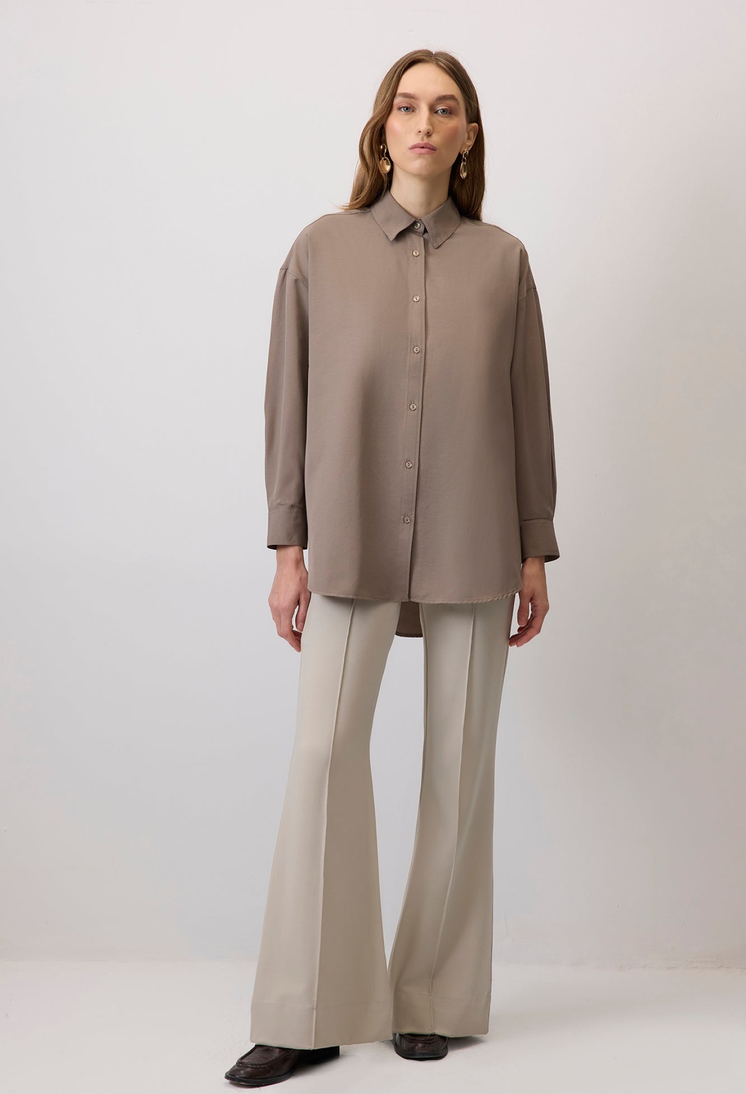 Beige Oversized Fit Long Shirt With Notched Neck - Brand: Touche Prive - Women & Kids, Baby Clothes Wholesale - TheBS Women