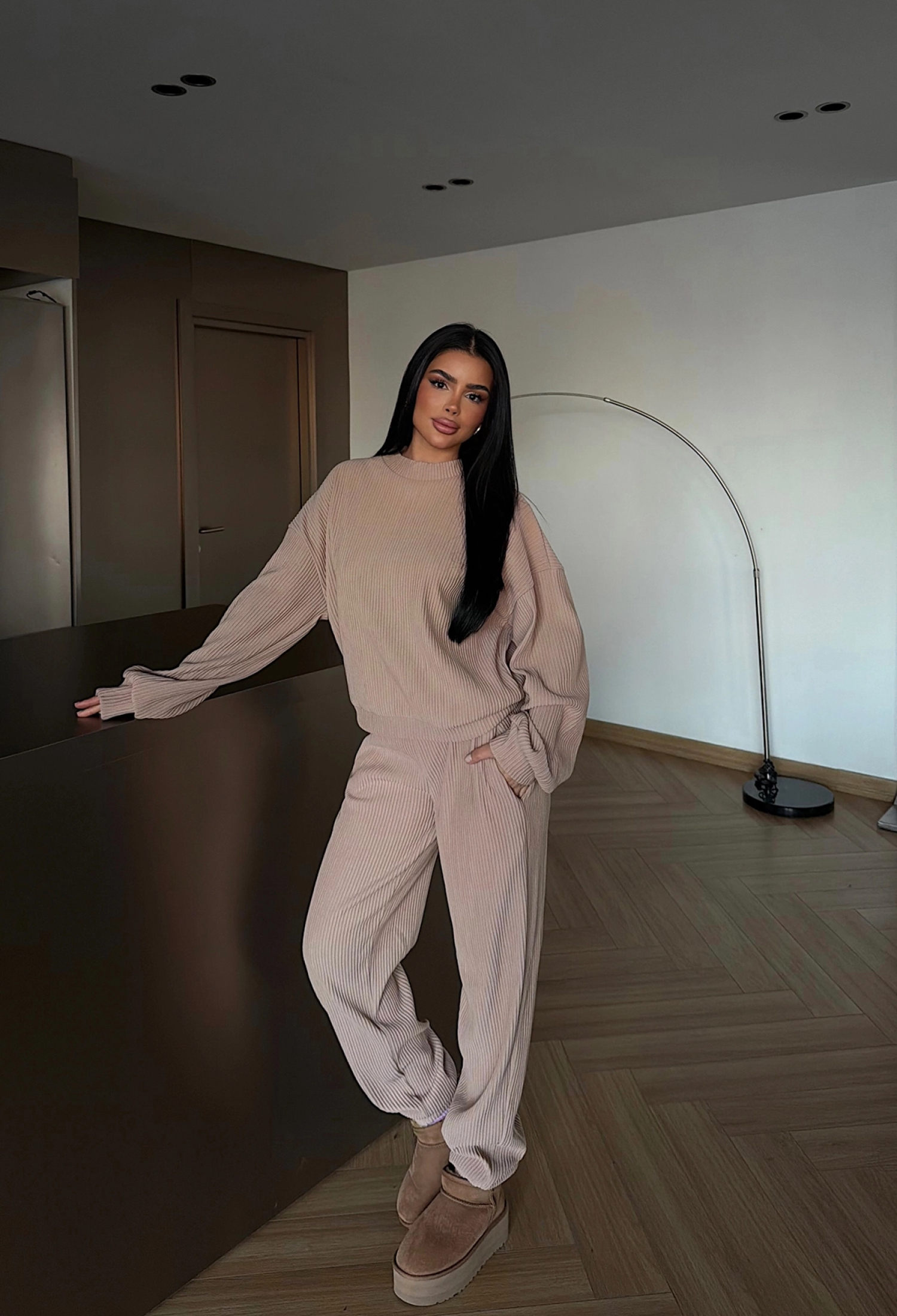 Beige Casual Modest Striped Jogger Set - Brand: EYYO ATELIER - Women & Kids, Baby Clothes Wholesale - TheBS Women