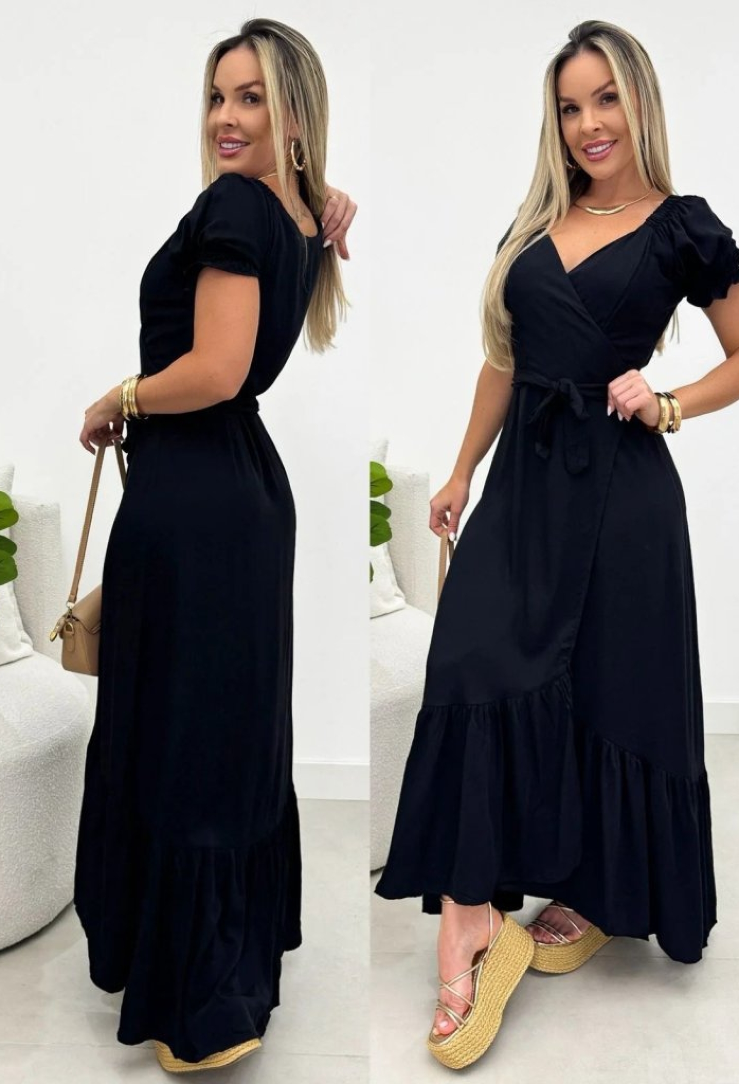 Black Elegant Wrap Maxi Dress With Puff Short Sleeves - Brand: Janes - Women & Kids, Baby Clothes Wholesale - TheBS Women