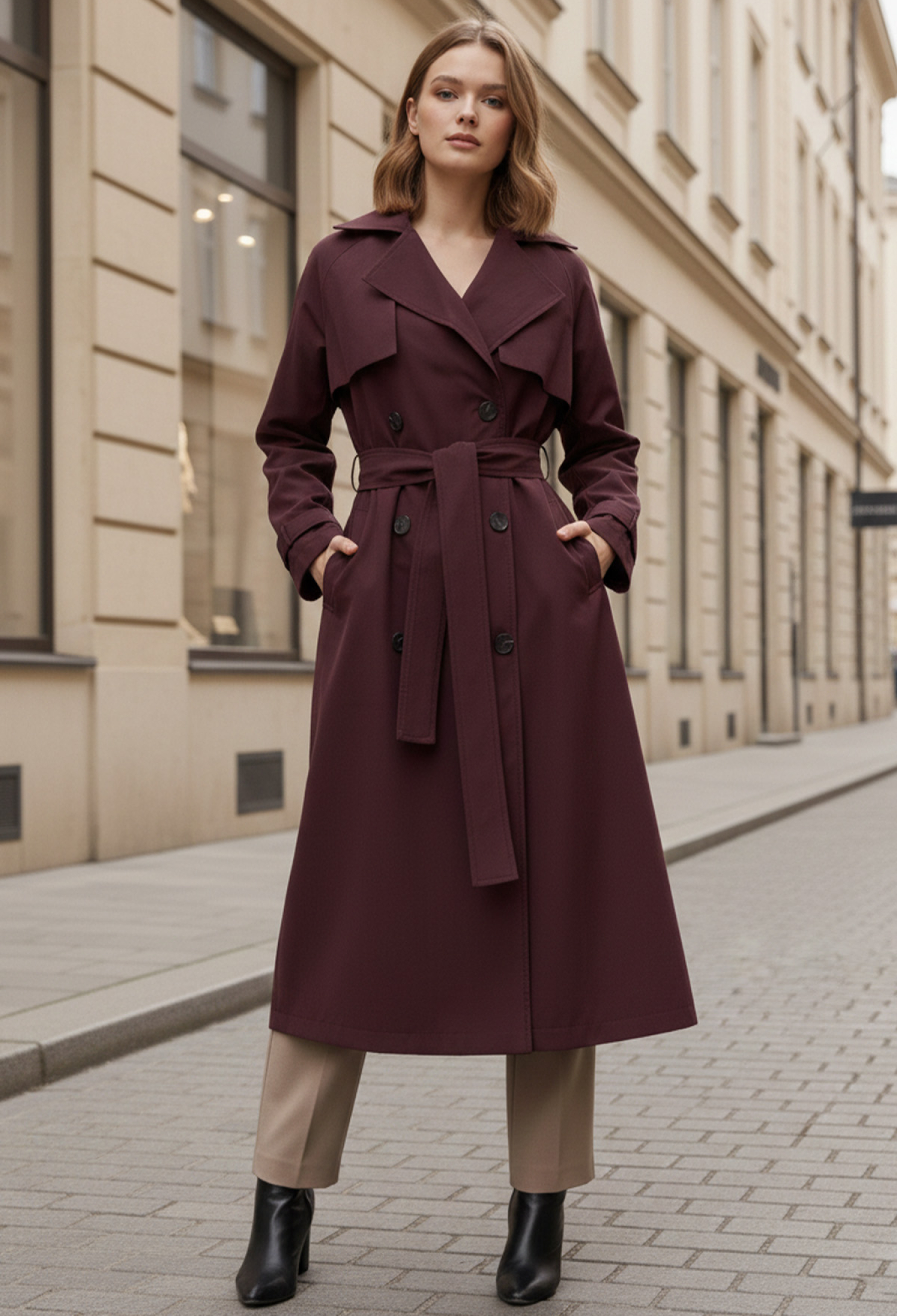 Claret Red Trenchcoat Double-Breasted Elegant Style - Brand: SOUL - Women & Kids, Baby Clothes Wholesale - TheBS Women