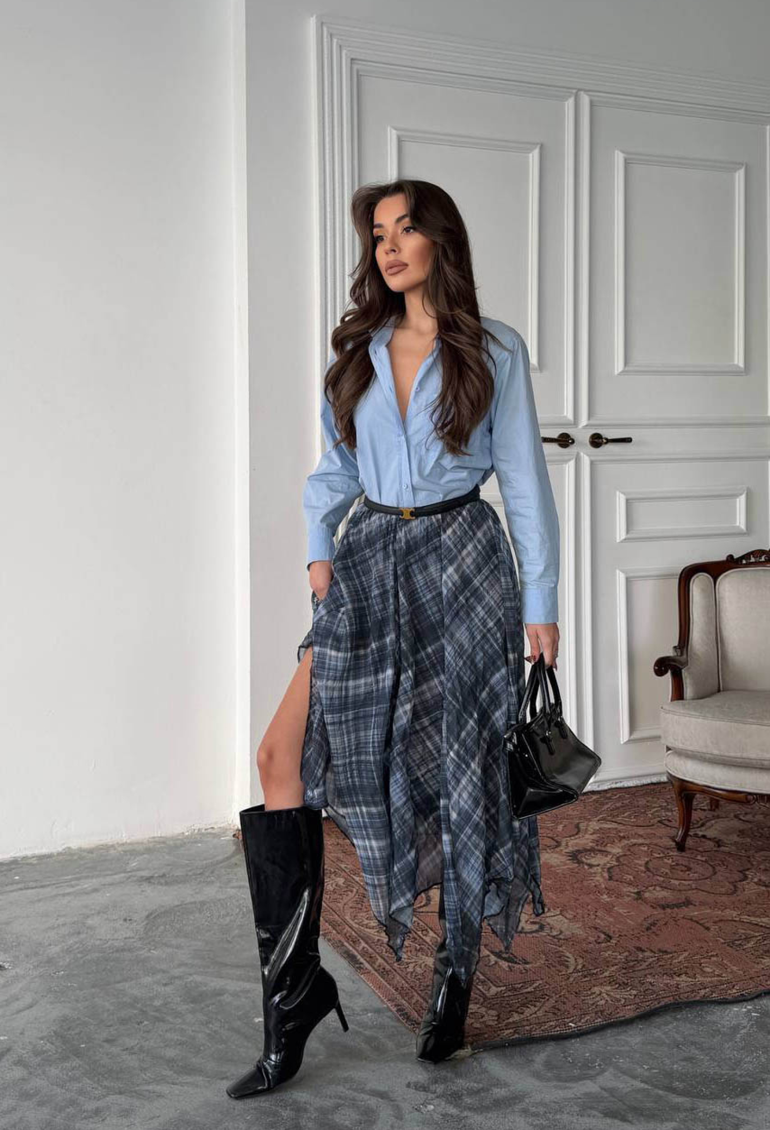 NavyAsymmetrical Midi Skirt High Waist - Brand: Mode Roy - Women & Kids, Baby Clothes Wholesale - TheBS Women