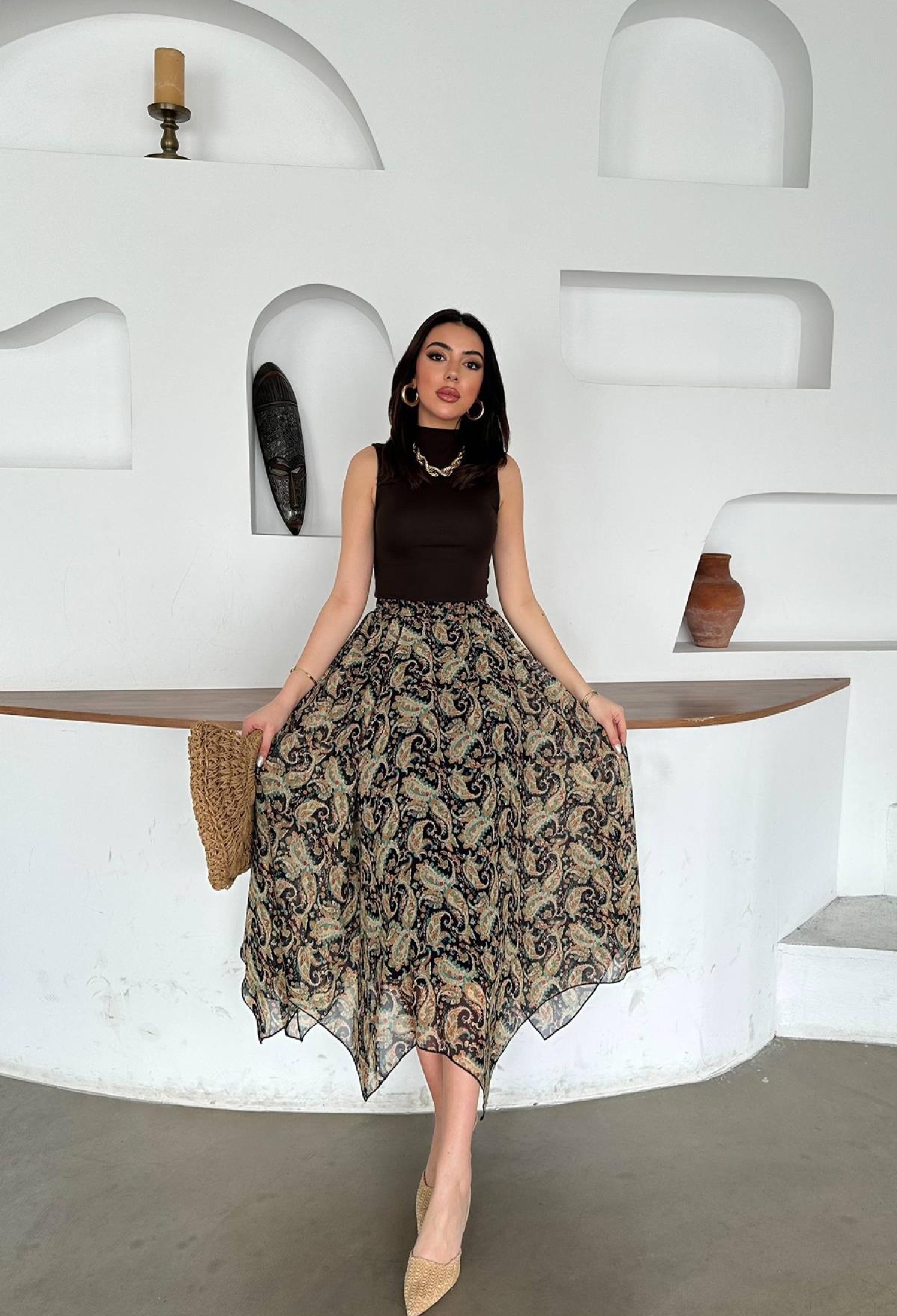 Black Boho Casual Elegant Paisley Asymmetrical Midi Skirt - Brand: Elisa - Women & Kids, Baby Clothes Wholesale - TheBS Women