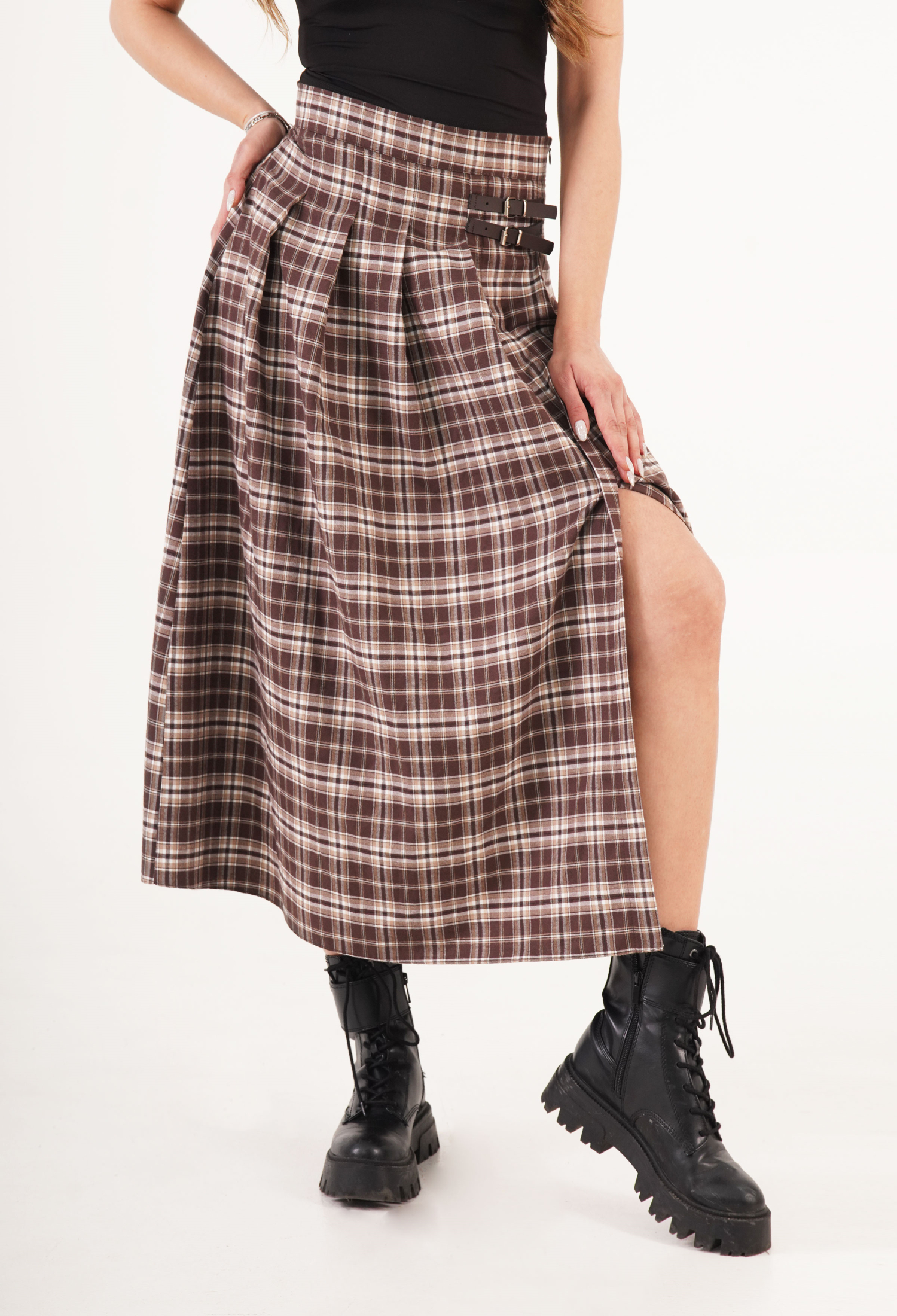 Plaid A-Line Maxi Skirt With Buckle Closure - Brand: Lustrin - Women & Kids, Baby Clothes Wholesale - TheBS Women