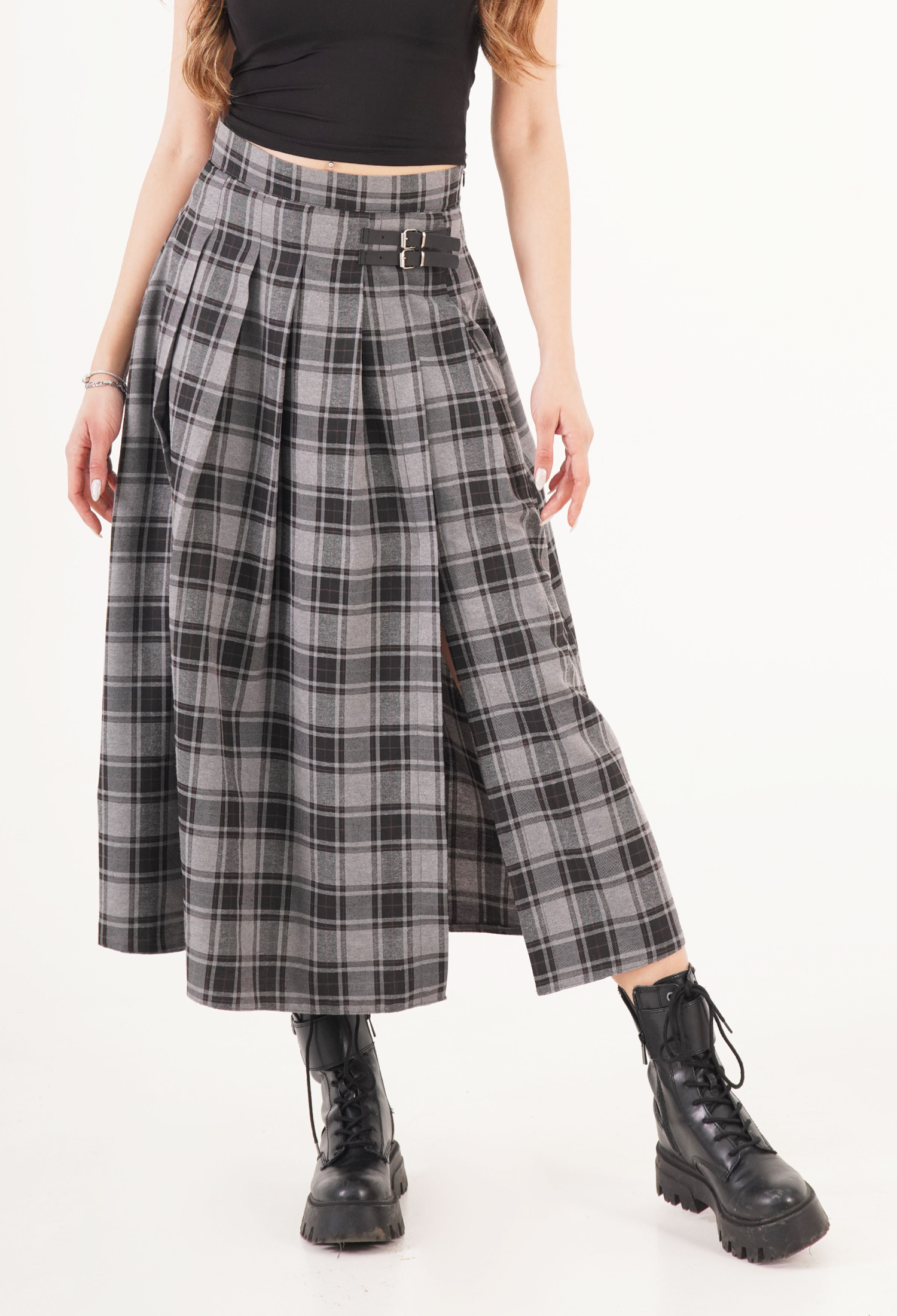 Plaid Pleated Midi Skirt High Waist Buckle - Brand: Lustrin - Women & Kids, Baby Clothes Wholesale - TheBS Women