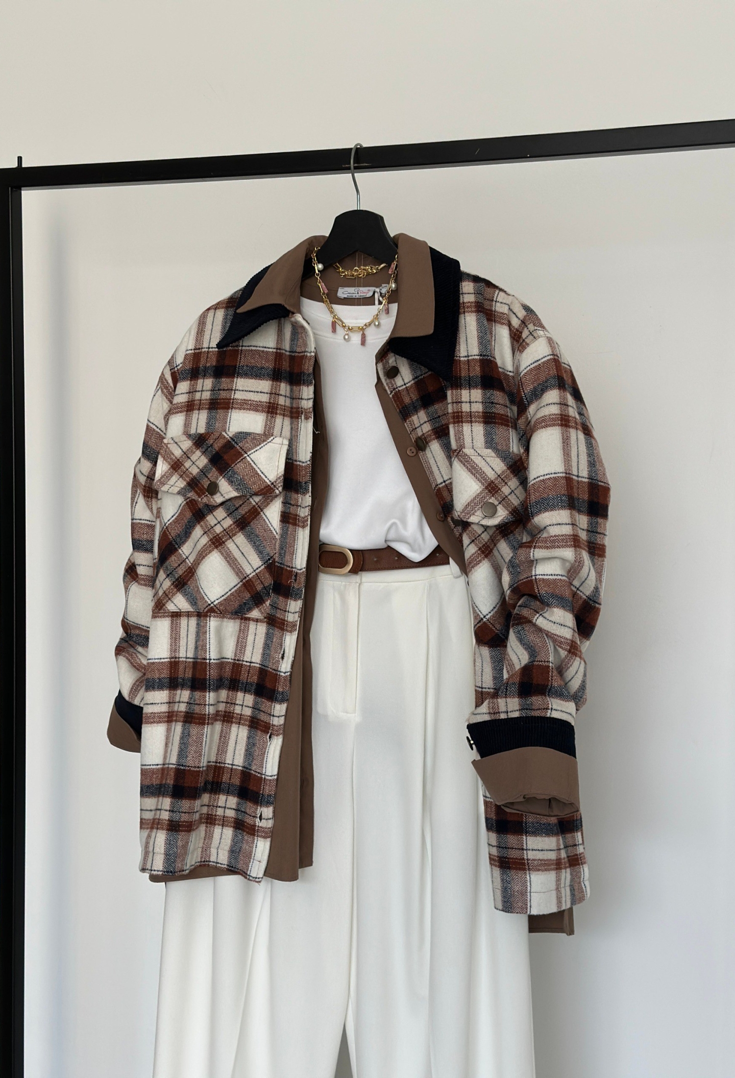 Beige Oversized Plaid Overshirt Jacket - Brand: Cream Rouge - Women & Kids, Baby Clothes Wholesale - TheBS Women
