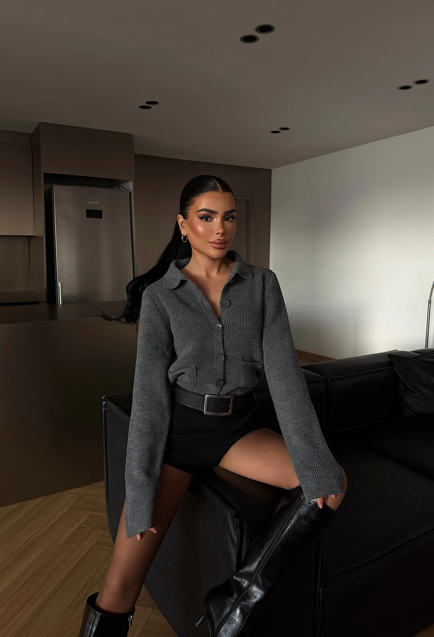 Grey Slim Fit Cardigan With Notched Neck - Brand: EYYO ATELIER - Women & Kids, Baby Clothes Wholesale - TheBS Women