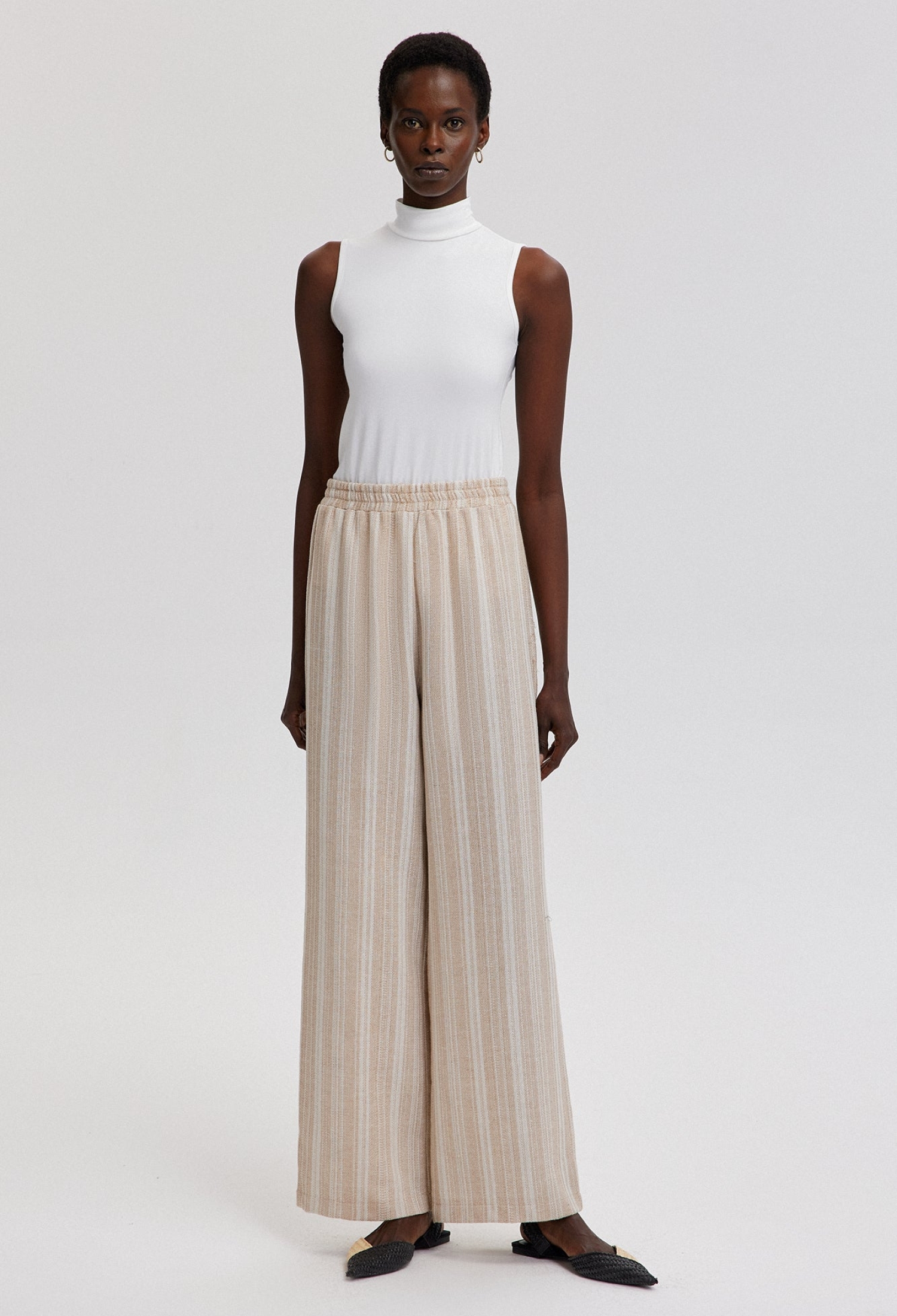 Beige Palazzo Pants Wide Leg Striped Long Pull On - Brand: Touche Prive - Women & Kids, Baby Clothes Wholesale - TheBS Women