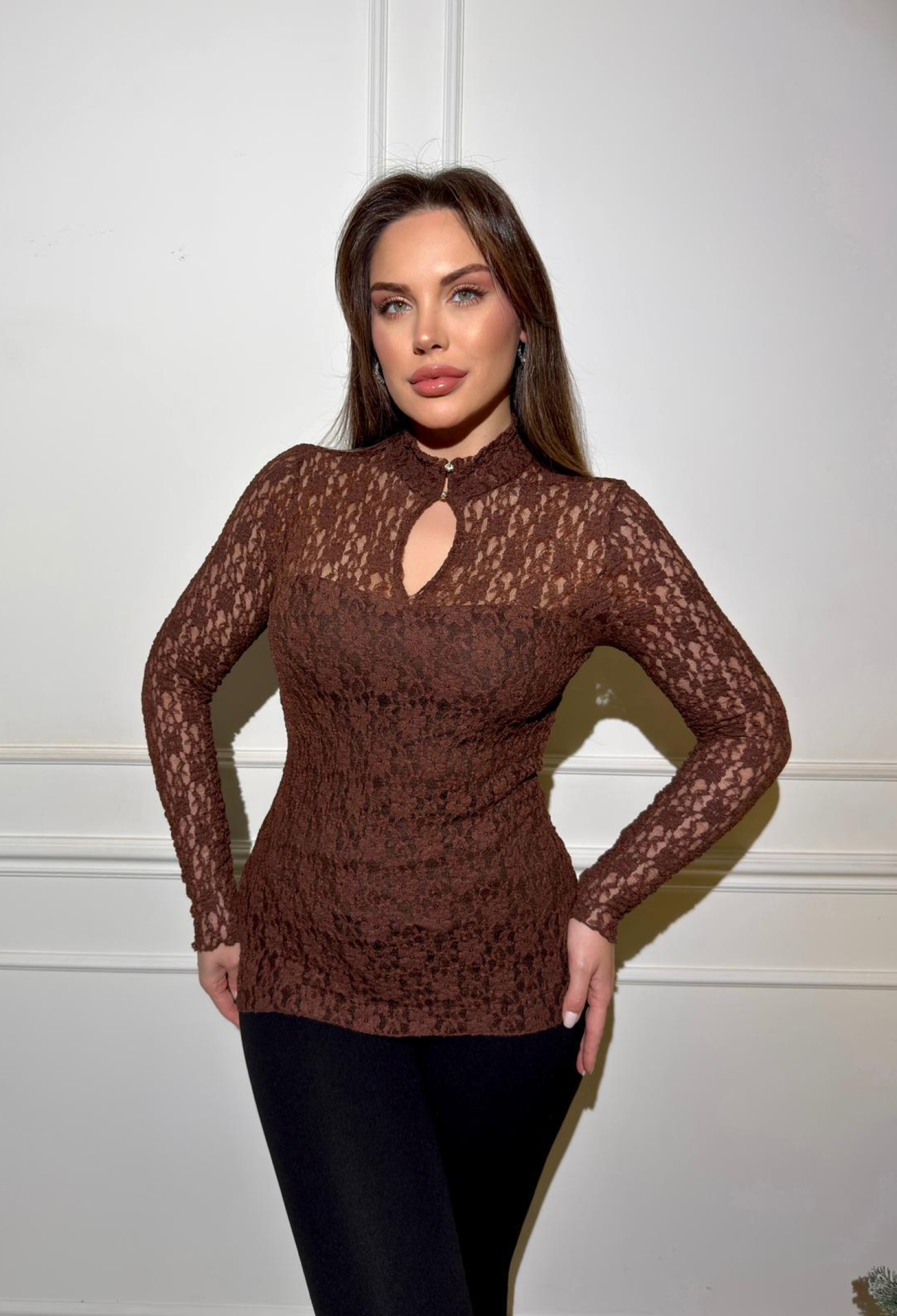 Brown Elegant Fitted Blouse With Keyhole Neck - Brand: STEPS - Women & Kids, Baby Clothes Wholesale - TheBS Women