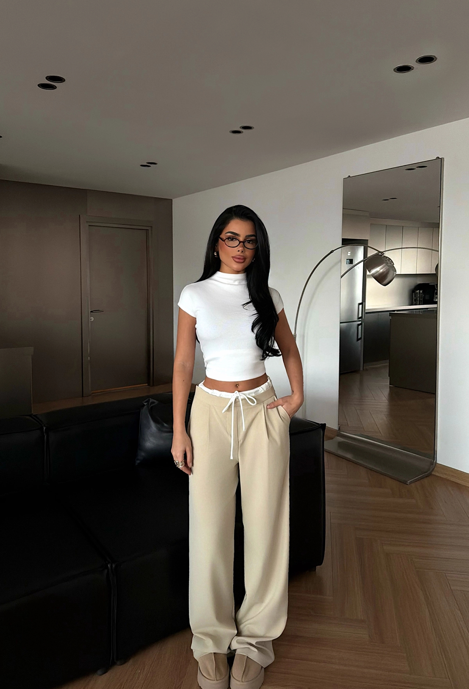 Beige Palazzo Pants With Wide Leg And Drawstring - Brand: EYYO ATELIER - Women & Kids, Baby Clothes Wholesale - TheBS Women