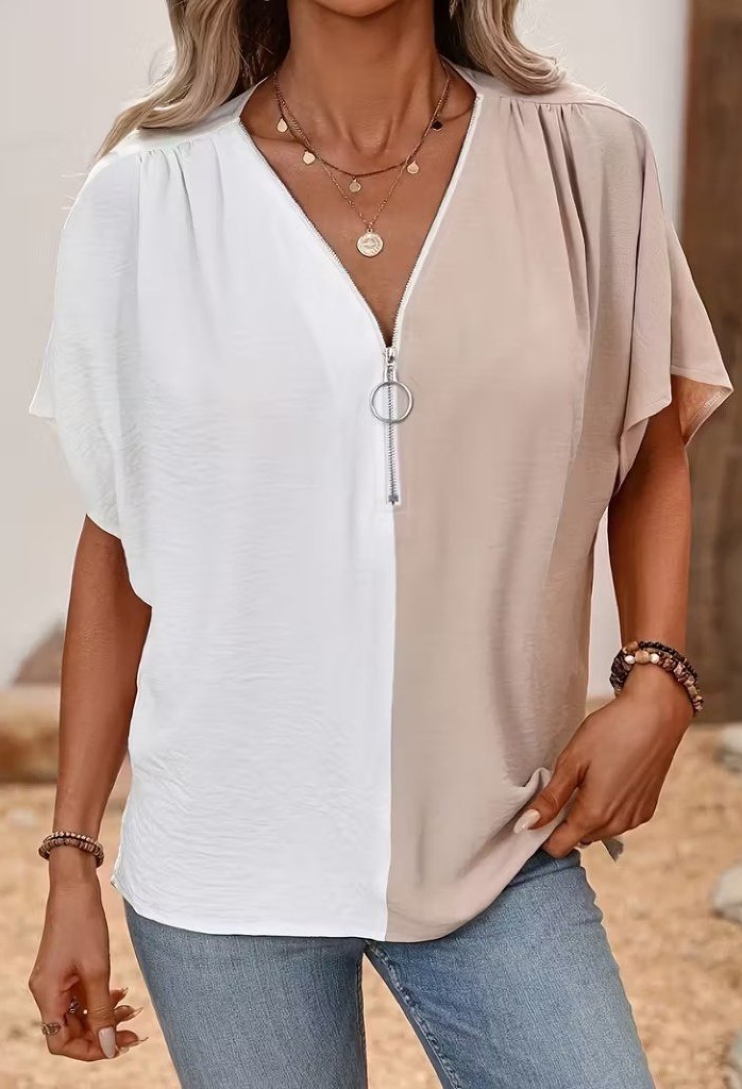 White Color Block V-Neck Blouse - Brand: Janes - Women & Kids, Baby Clothes Wholesale - TheBS Women