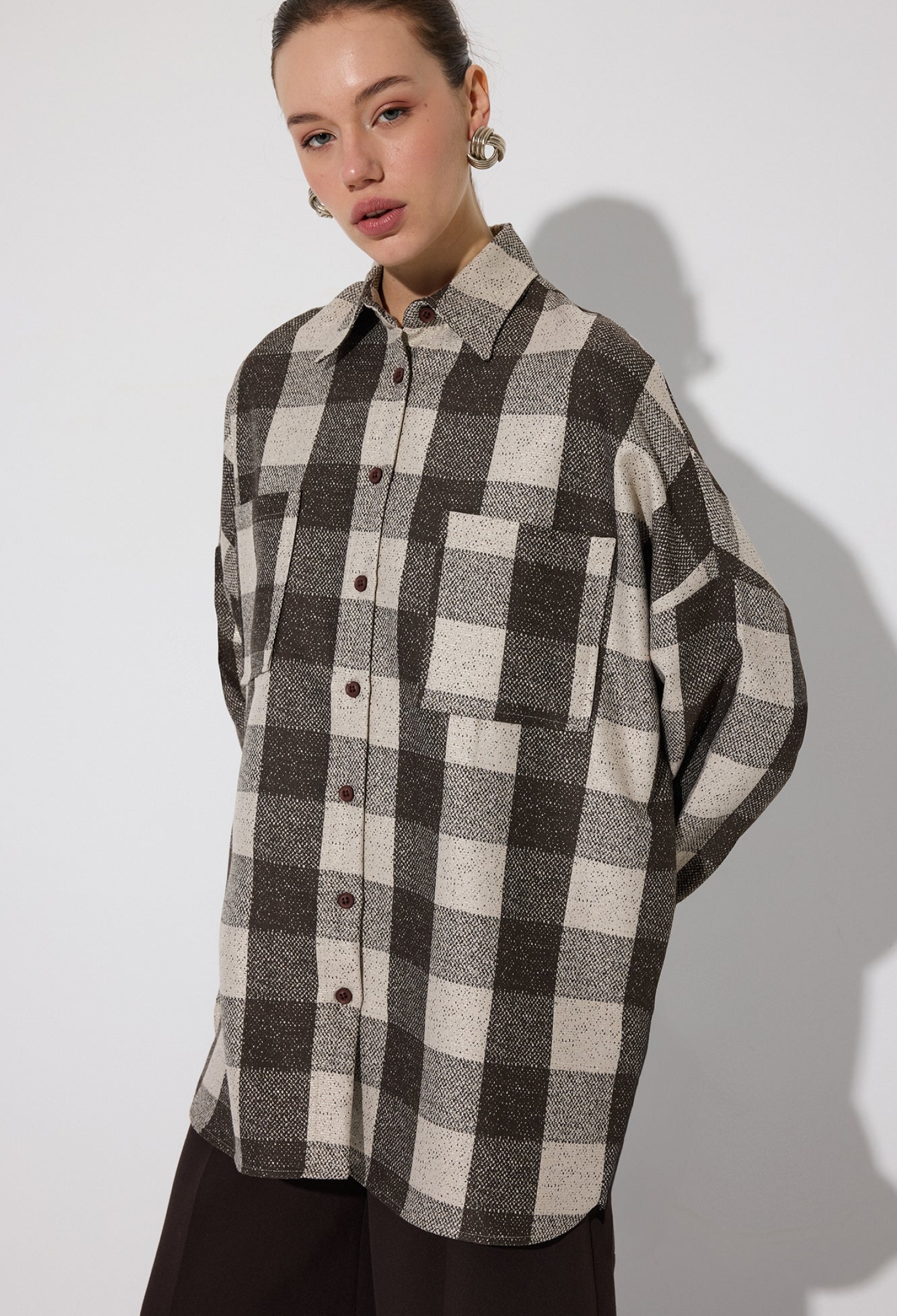 Beige Checkered Casual Oversized Shirt - Brand: Touche Prive - Women & Kids, Baby Clothes Wholesale - TheBS Women