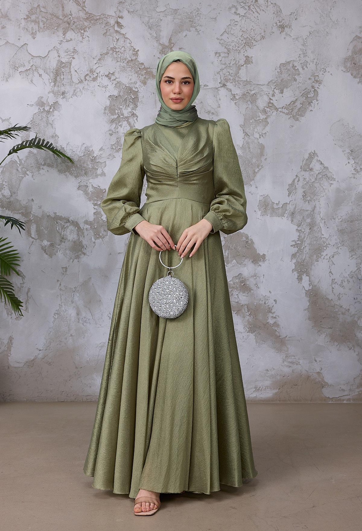 Green Elegant Modest A-Line Dress With Puff Sleeves - Brand: Hulya Keser - Women & Kids, Baby Clothes Wholesale - TheBS Women