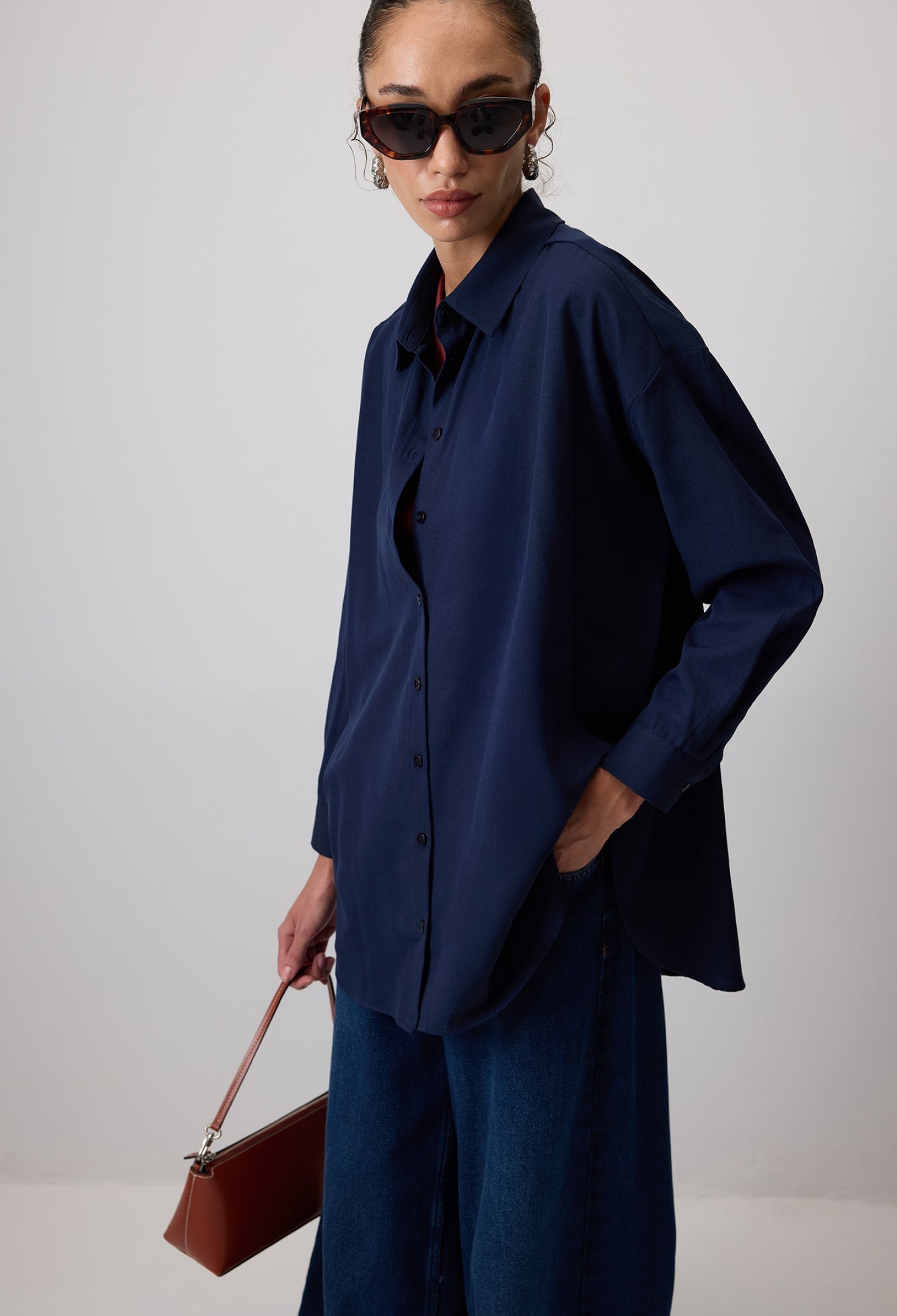 Navy Blue Casual Oversized Shirt With Shawl Collar - Brand: Touche Prive - Women & Kids, Baby Clothes Wholesale - TheBS Women