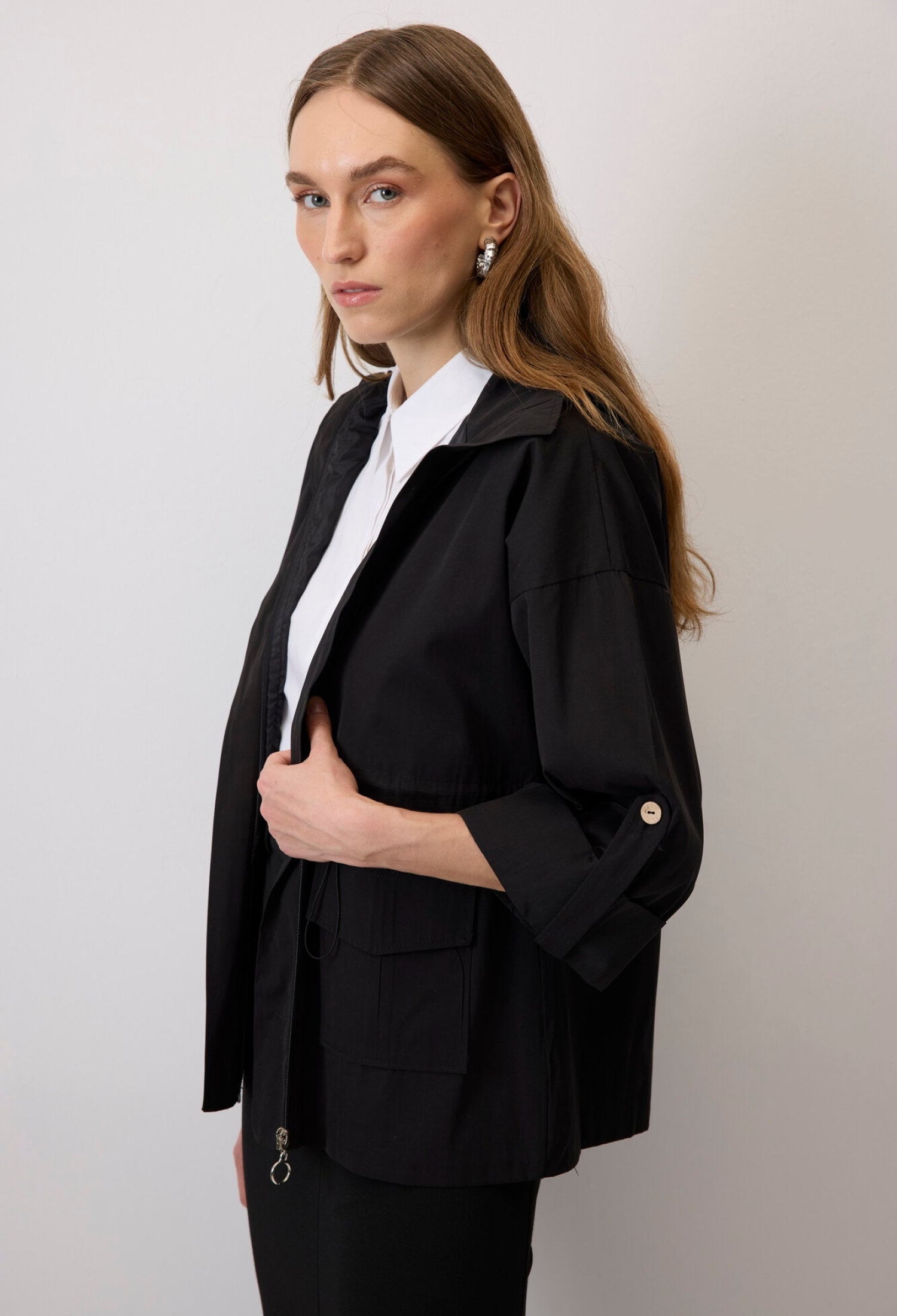 Black Raincoat Hooded Anorak With 3/4 Sleeves - Brand: Touche Prive - Women & Kids, Baby Clothes Wholesale - TheBS Women