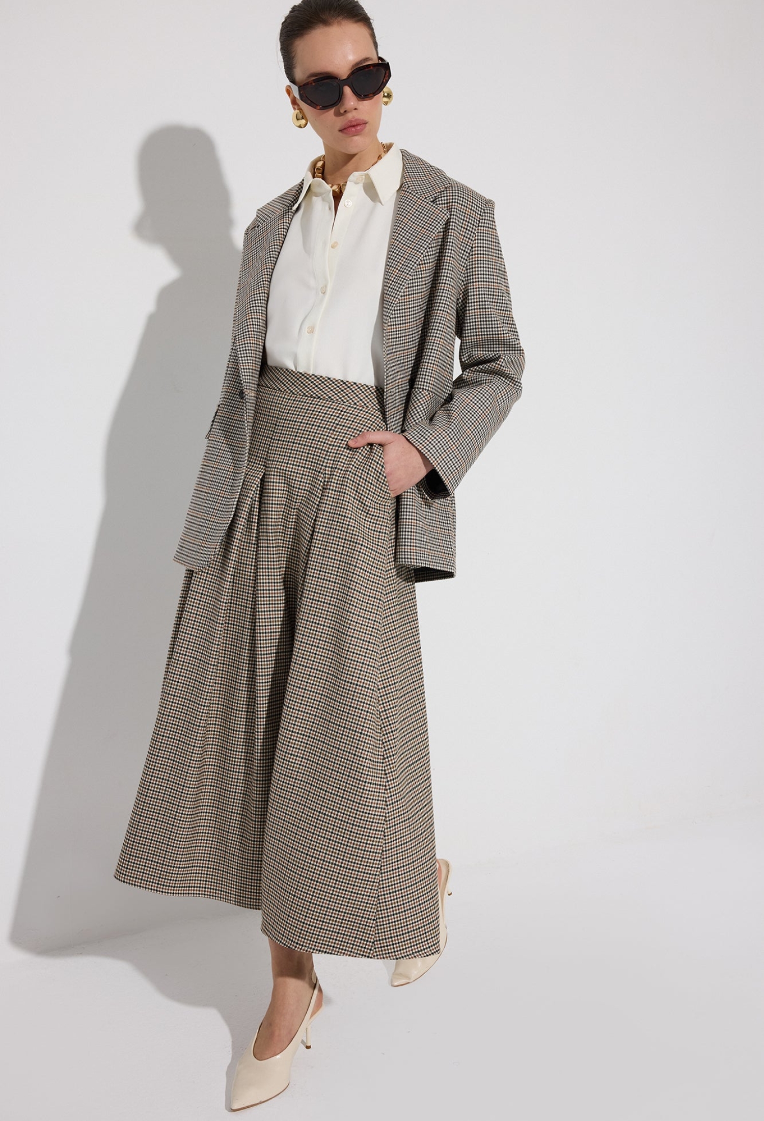 Beige A-Line High Waist Checkered Midi Skirt - Brand: Touche Prive - Women & Kids, Baby Clothes Wholesale - TheBS Women