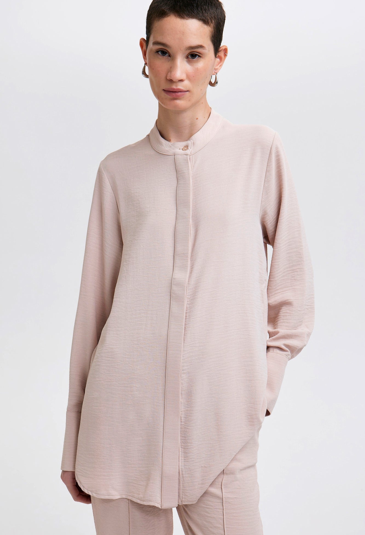 Beige Grandad Neck Shirt - Elegant Modest Fit - Brand: Touche Prive - Women & Kids, Baby Clothes Wholesale - TheBS Women