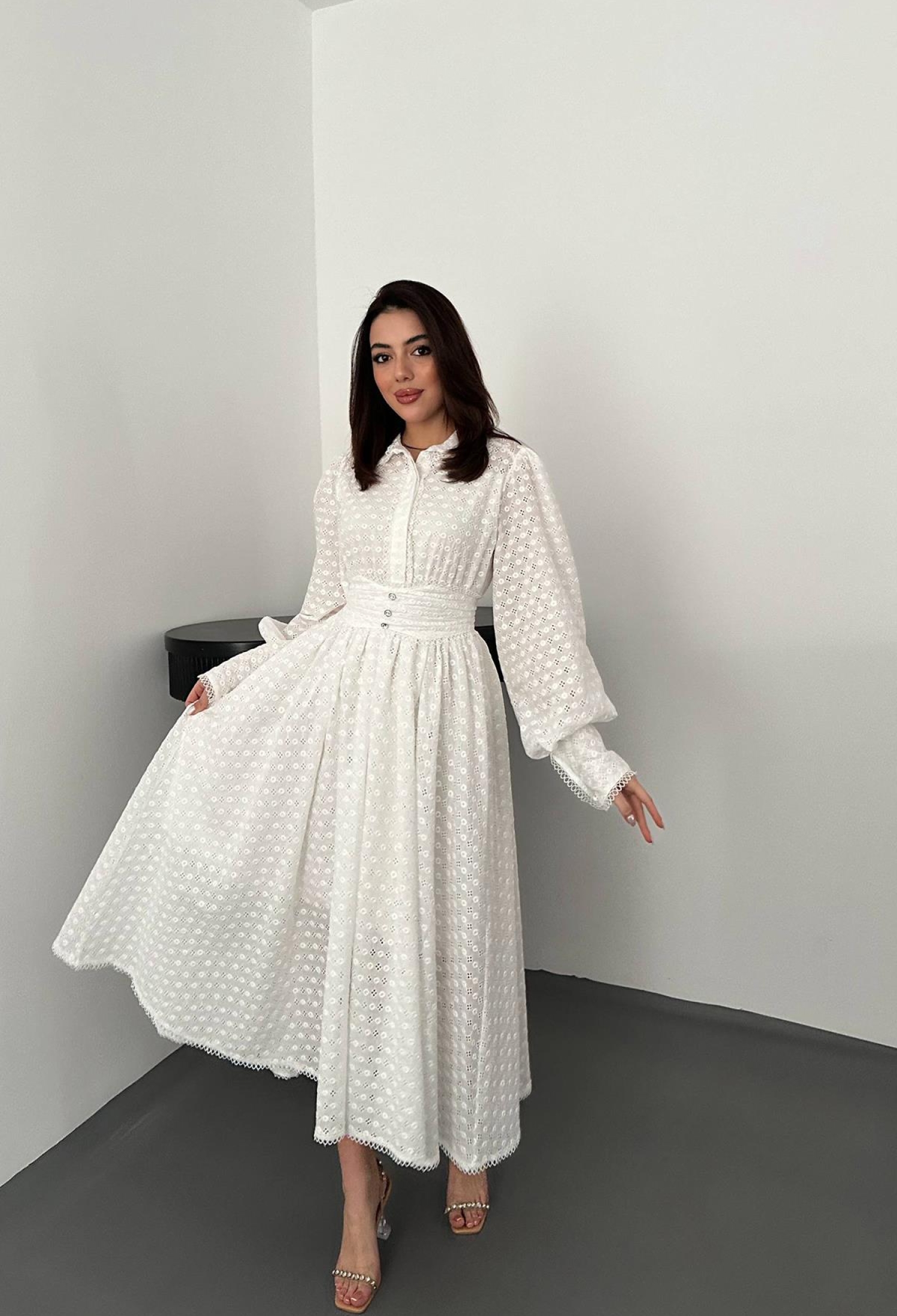 White Elegant Floral Puff Sleeve Midi Dress - Brand: Elisa - Women & Kids, Baby Clothes Wholesale - TheBS Women