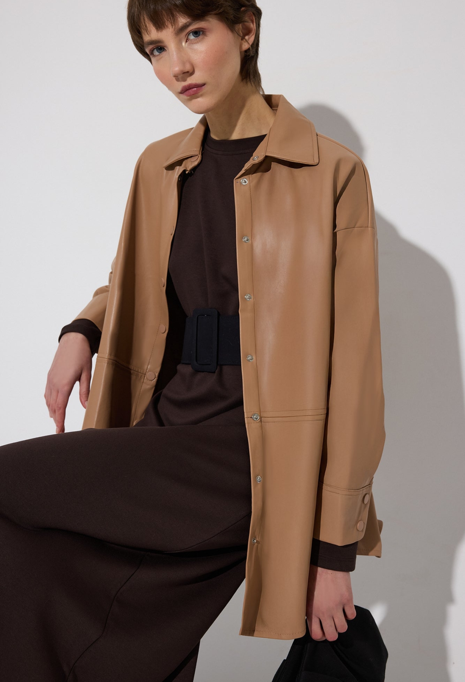 Khaki Oversized Casual Shirt With Notched Neck - Brand: Touche Prive - Women & Kids, Baby Clothes Wholesale - TheBS Women