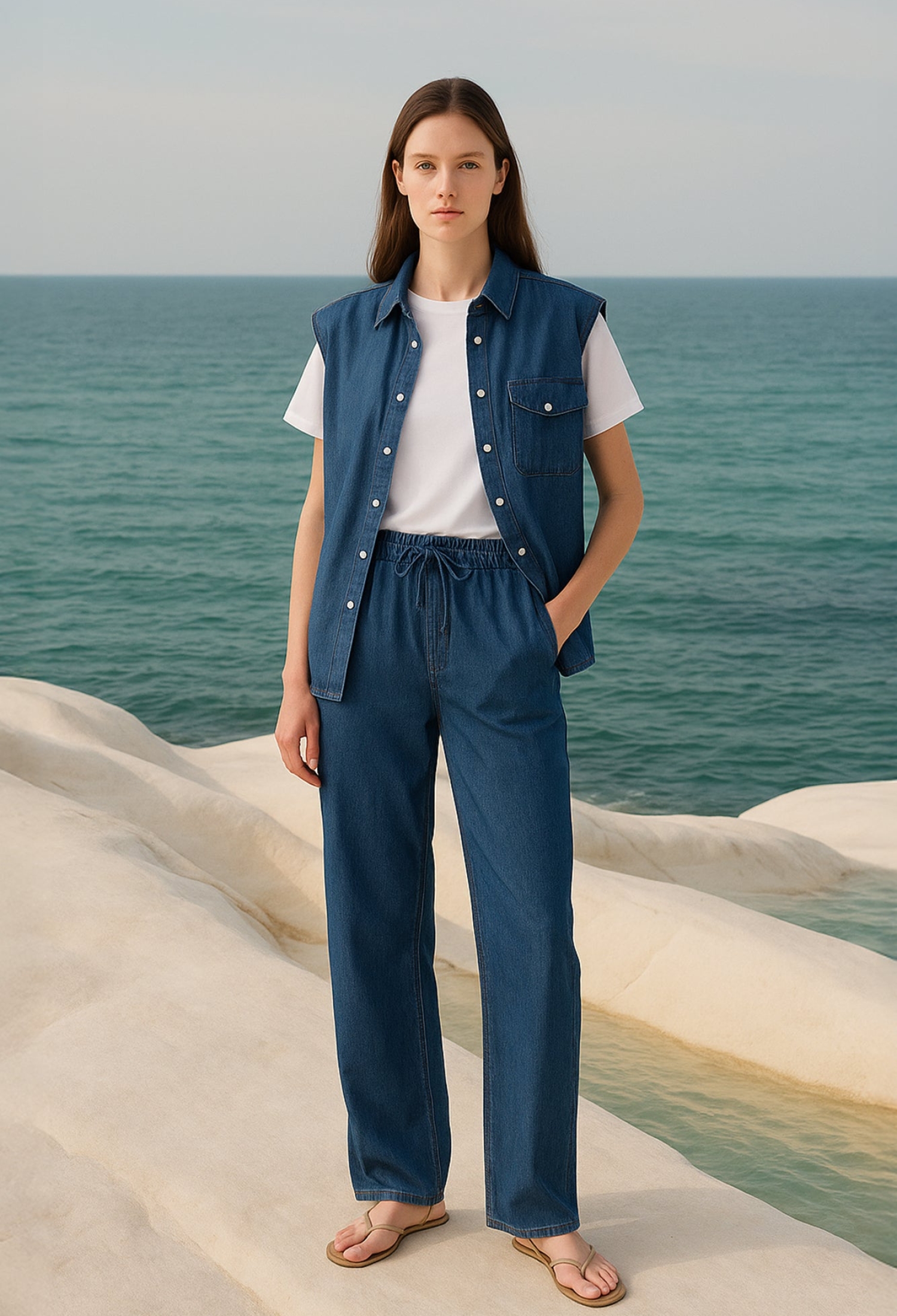 Blue Palazzo Pants With Drawstring And Slant Pockets - Brand: Touche Prive - Women & Kids, Baby Clothes Wholesale - TheBS Women