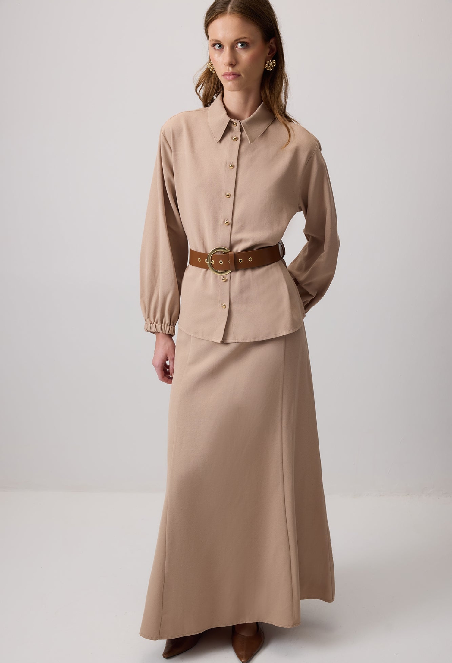 Elegant Beige Set With Notched Neck & Maxi Skirt - Brand: Touche Prive - Women & Kids, Baby Clothes Wholesale - TheBS Women