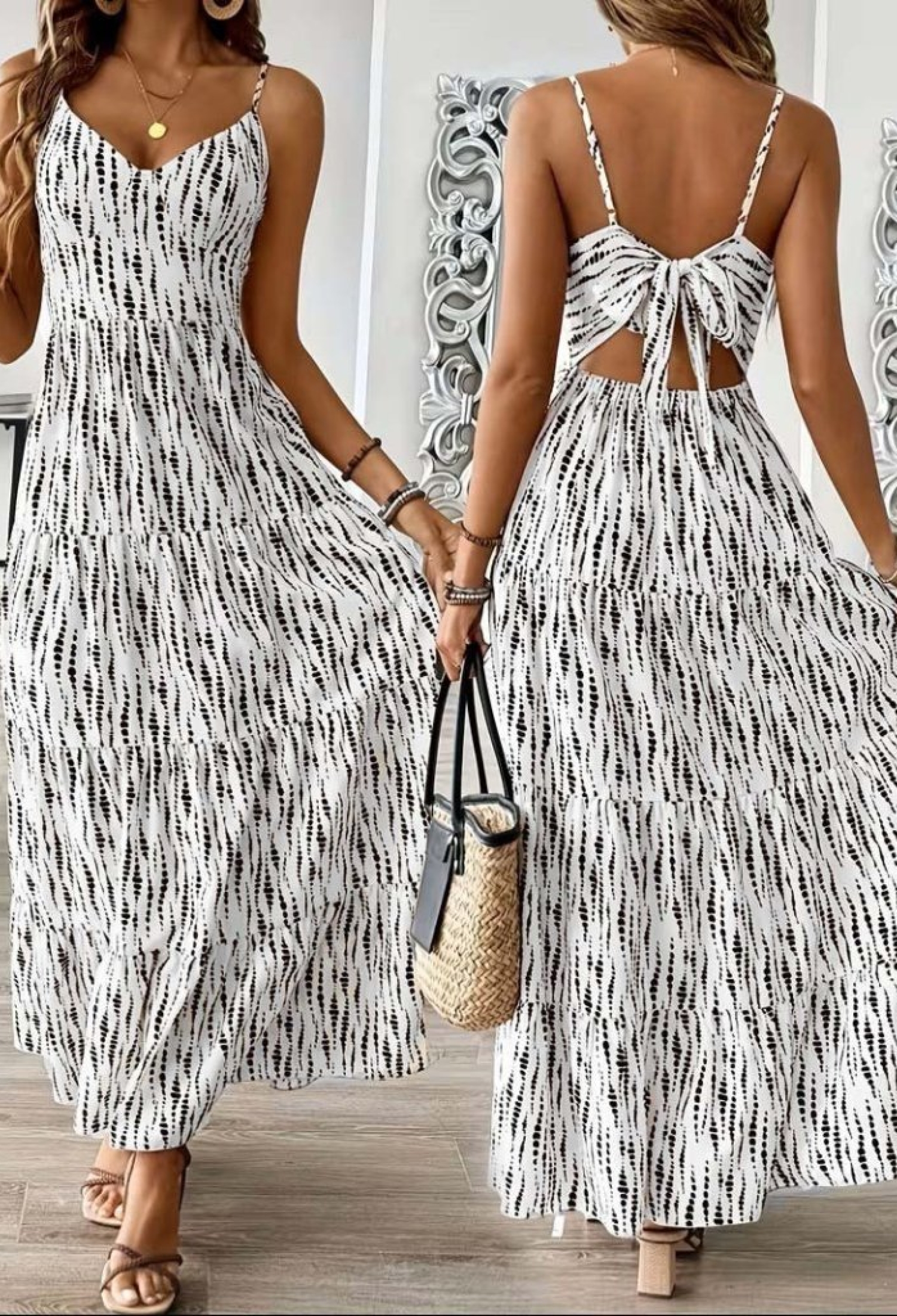 White Geometric Maxi Casual Boho Dress Cami V-Neck - Brand: Janes - Women & Kids, Baby Clothes Wholesale - TheBS Women