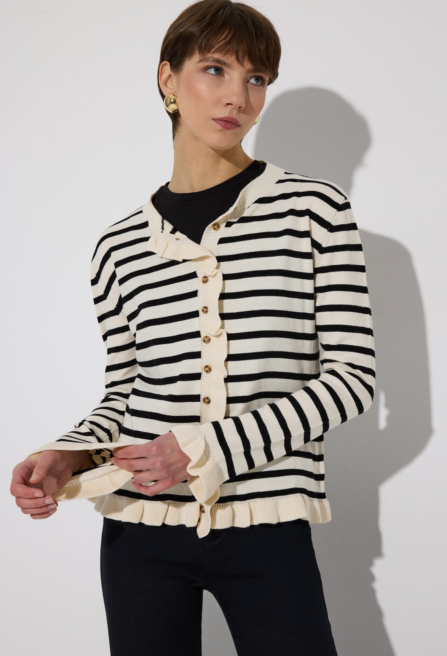 Black Striped Buttoned Cardigan With Ruffle Sleeves - Brand: Touche Prive - Women & Kids, Baby Clothes Wholesale - TheBS Women
